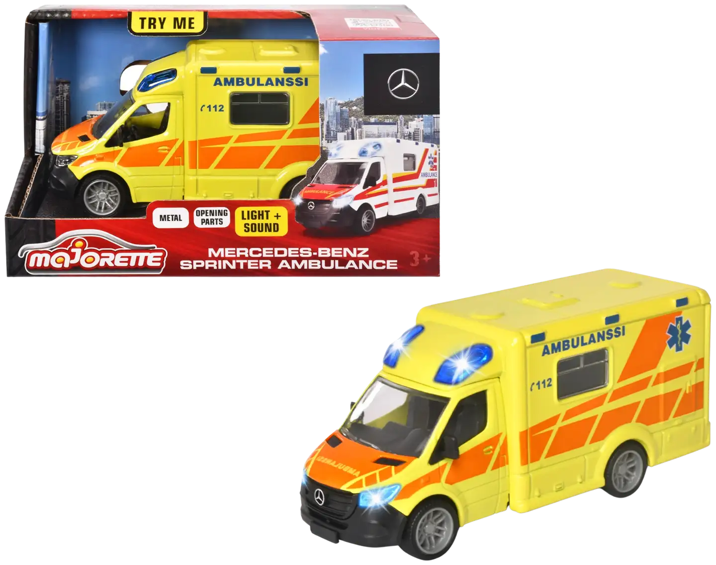 Majorette Grand Series Mercedes-Benz Sprinter, suomalainen ambulanssi, valo- ja äänitoiminto, 15 cm - 1