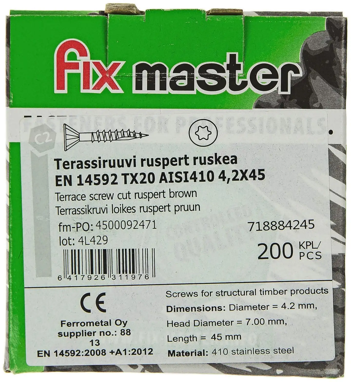 Fix Master terassiruuvi ruspert ruostumaton AISI410 torx20 4,2X45 ruskea 200kpl