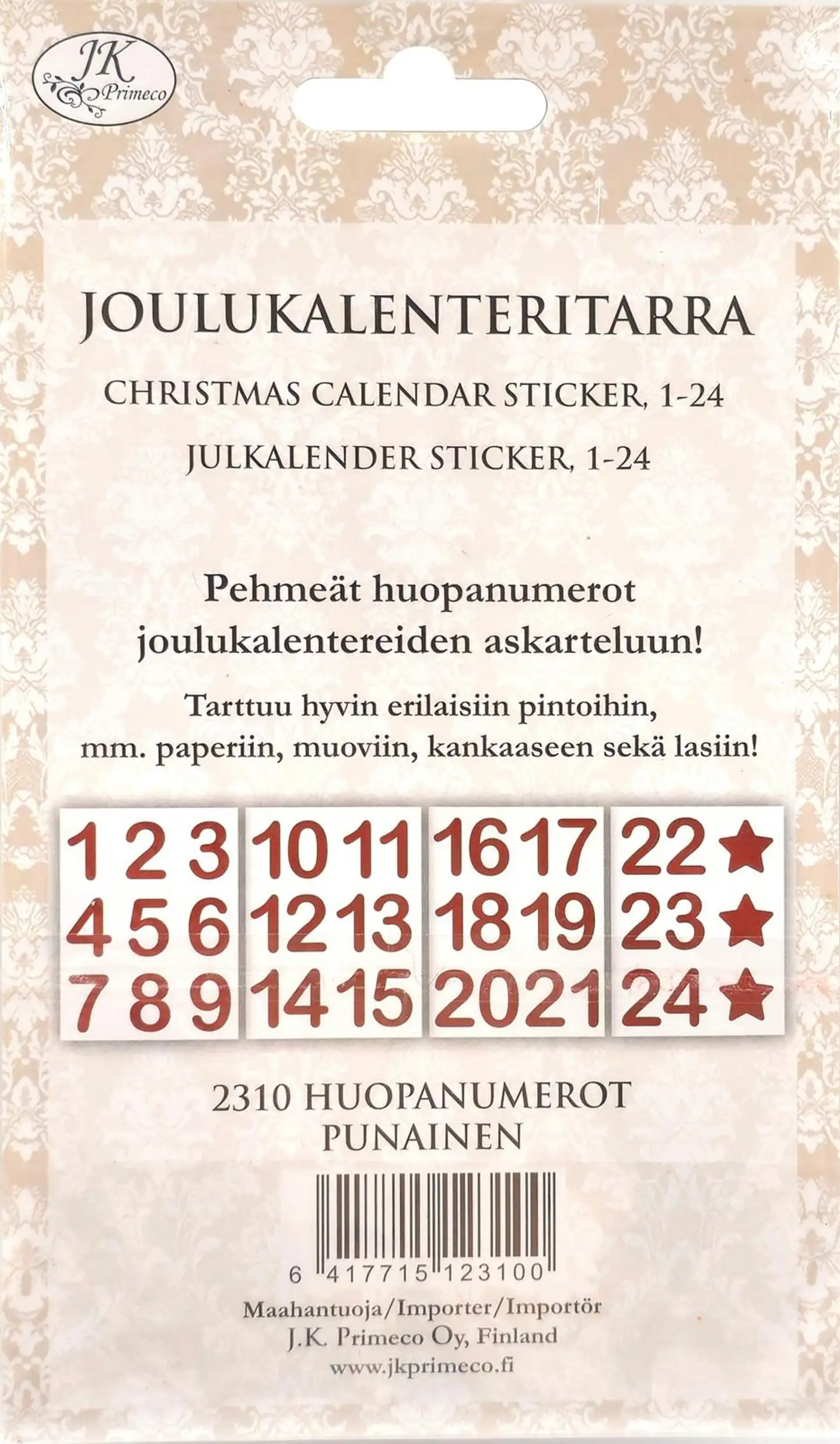 J.K. Primeco Joulukalenteritarra Huopanumerot punainen 4ark - 2