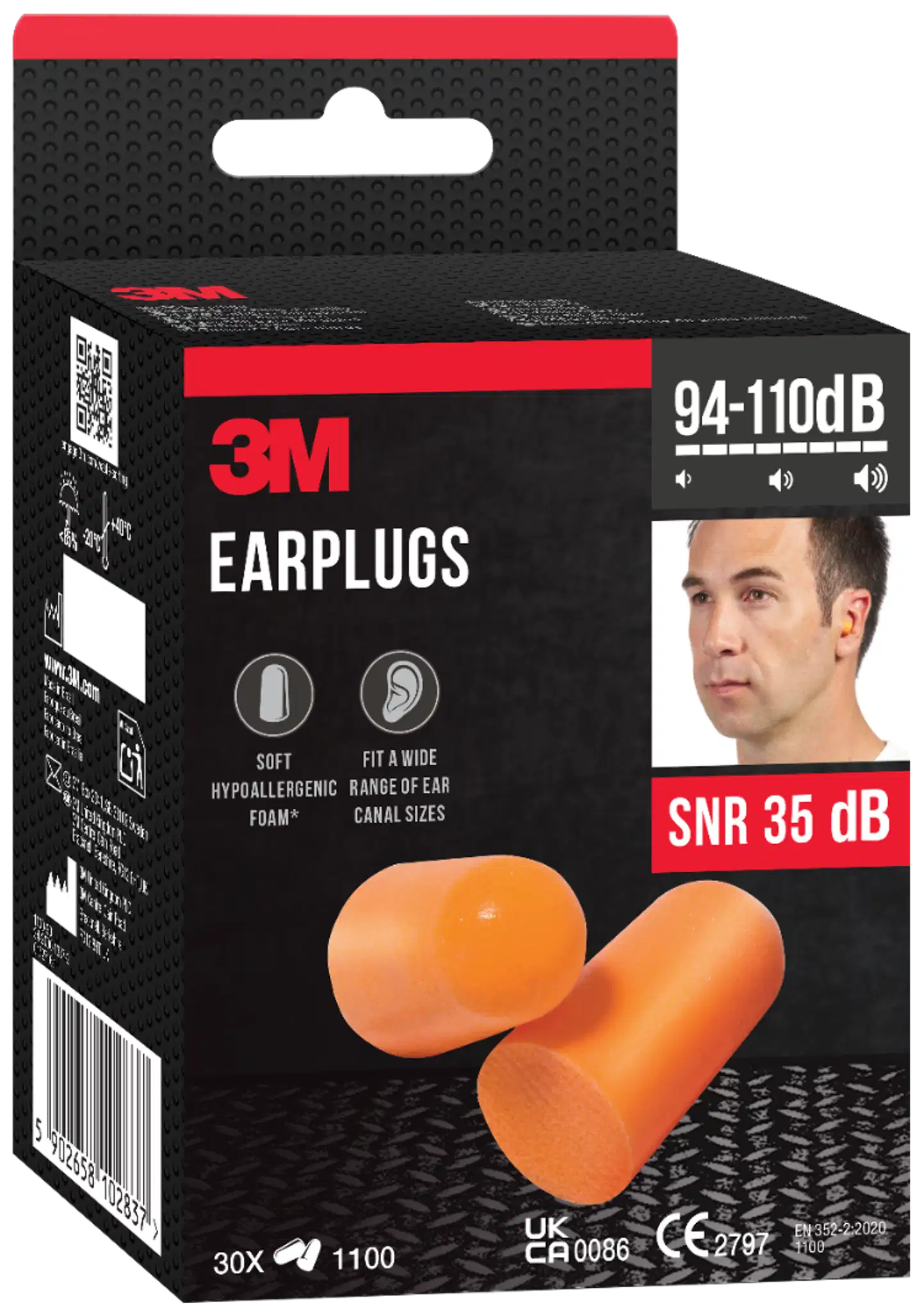 3M™ korvatulpat 1100, pehmeä vaahto, SNR-arvo 35 dB, oranssi, 30 paria/pakkaus - 4