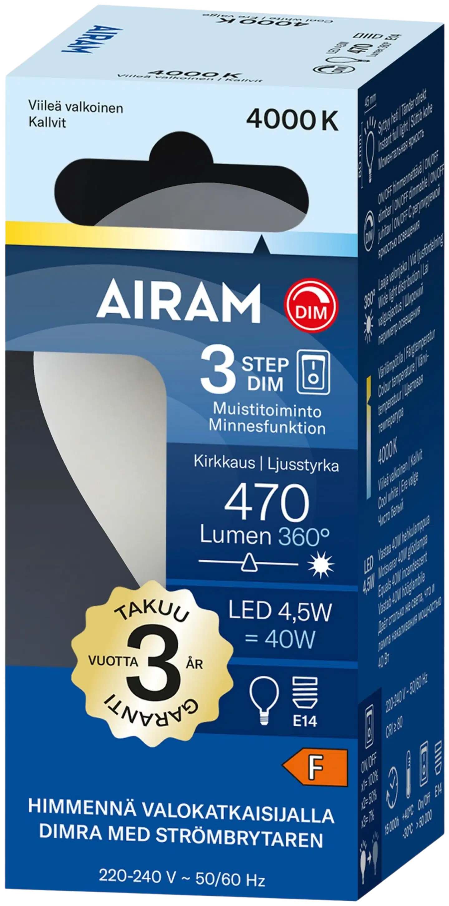 Airam LED Otso 3-step opaali 360° pienkupu E14 4000K 470lm - 2