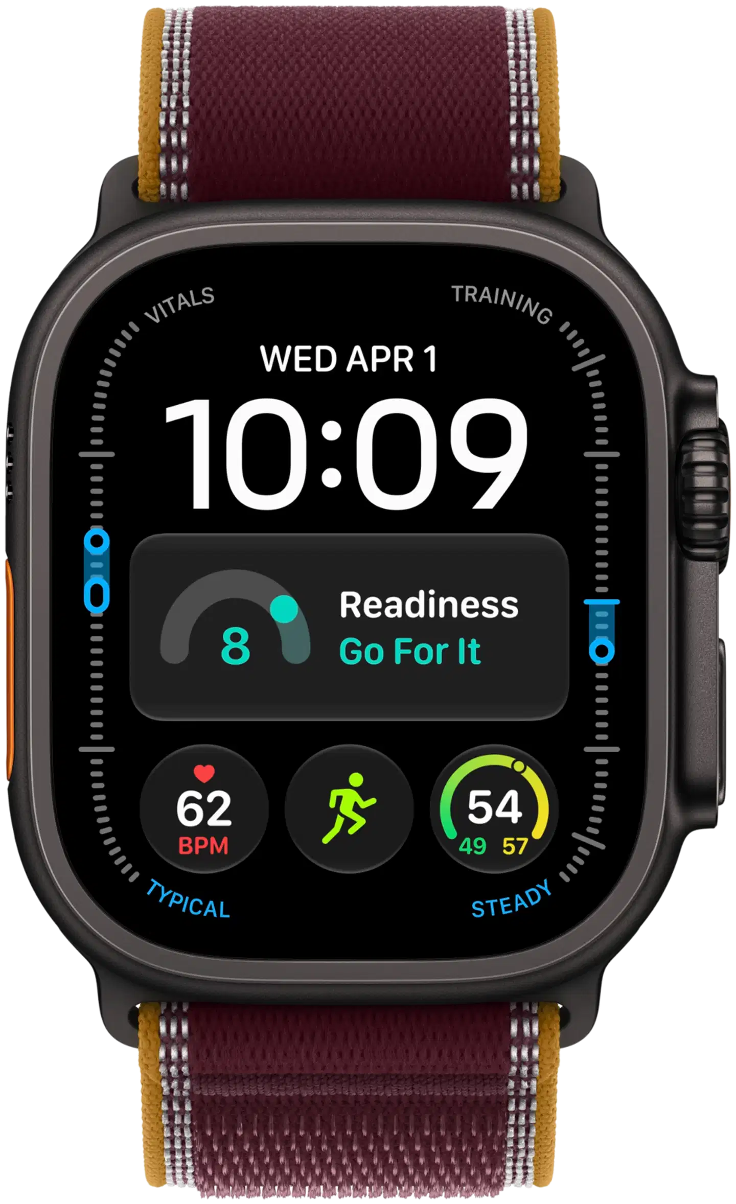 Apple Watch Ultra 4 GPS + Cellular 49 mm:n musta titaanikuori ja viininpunainen Trail Loop -ranneke - S/M - MJC34KS/A - 1