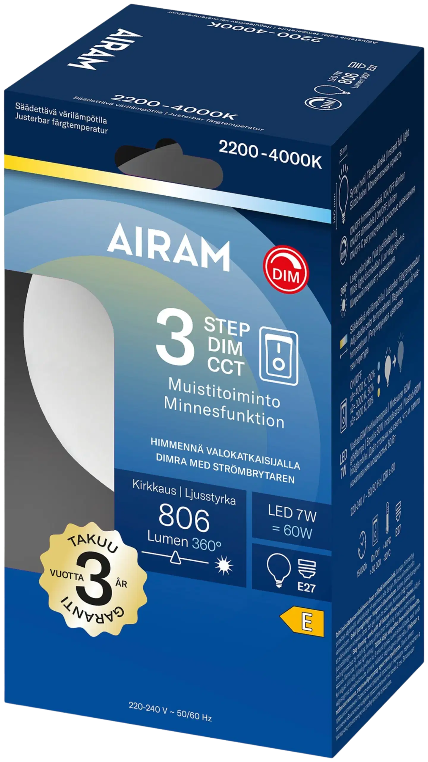 Airam LED 3-step color opaali 360° globe-95 E27 2200K-4000K 806lm - 2