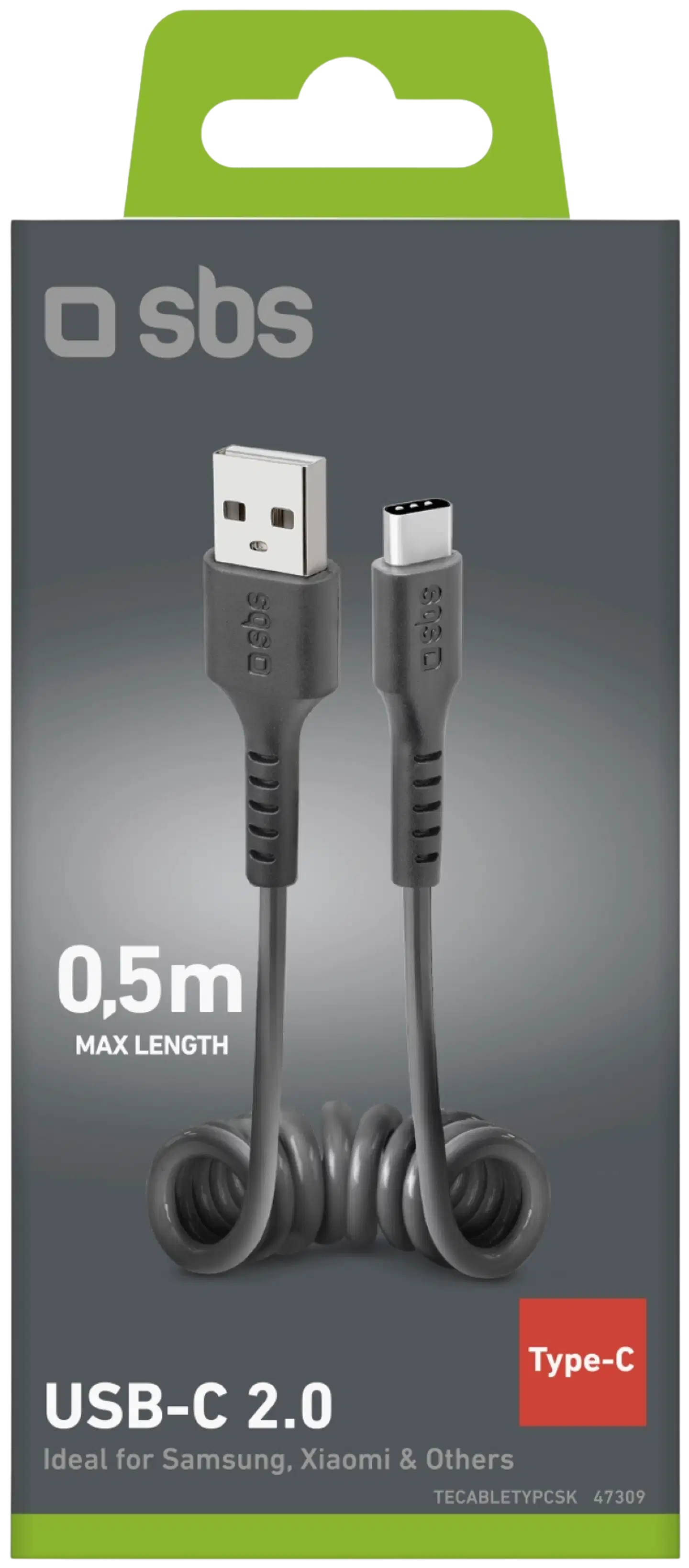 SBS kierrekaapeli Usb-A To Usb-C 0,5 M musta - 2