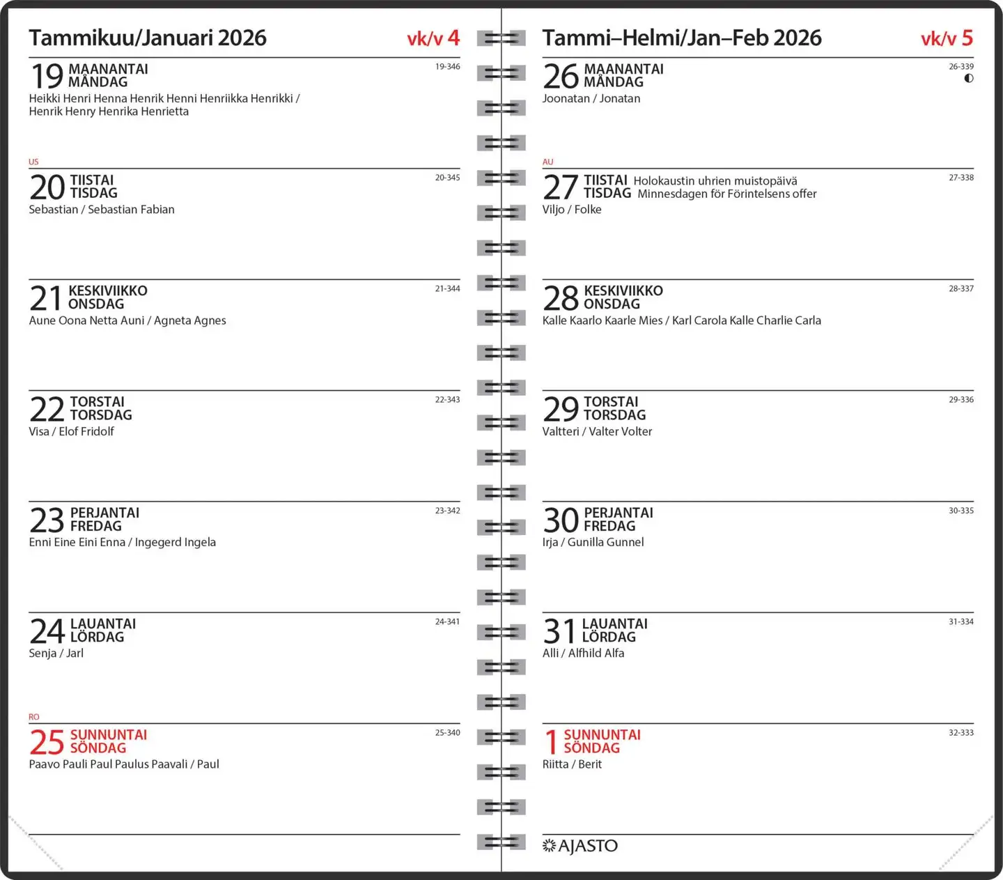 Ajasto pöytäkalenteri Viikkopäivyri/Veckod.vis. 14 Eko - 2