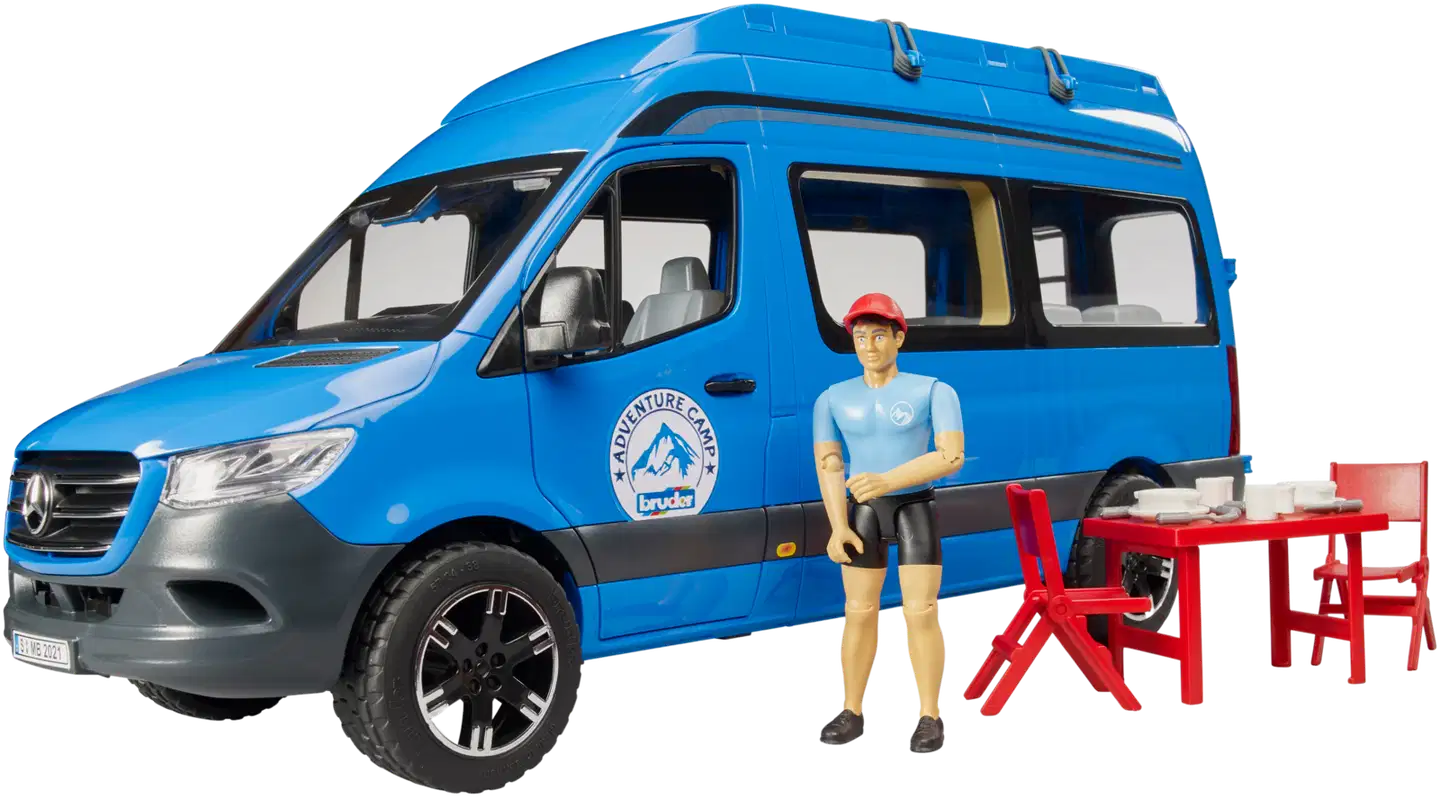 Bruder lelu MB Sprinter retkeilyauto kuljettajalla ja varusteilla - 2