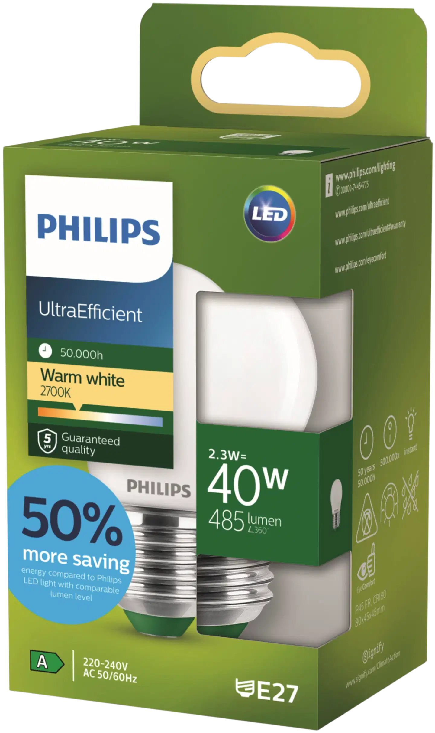 Philips Ultra Efficient LED-lamppu 2.3W P45 E27 2700K 485LM huurrettu - 2