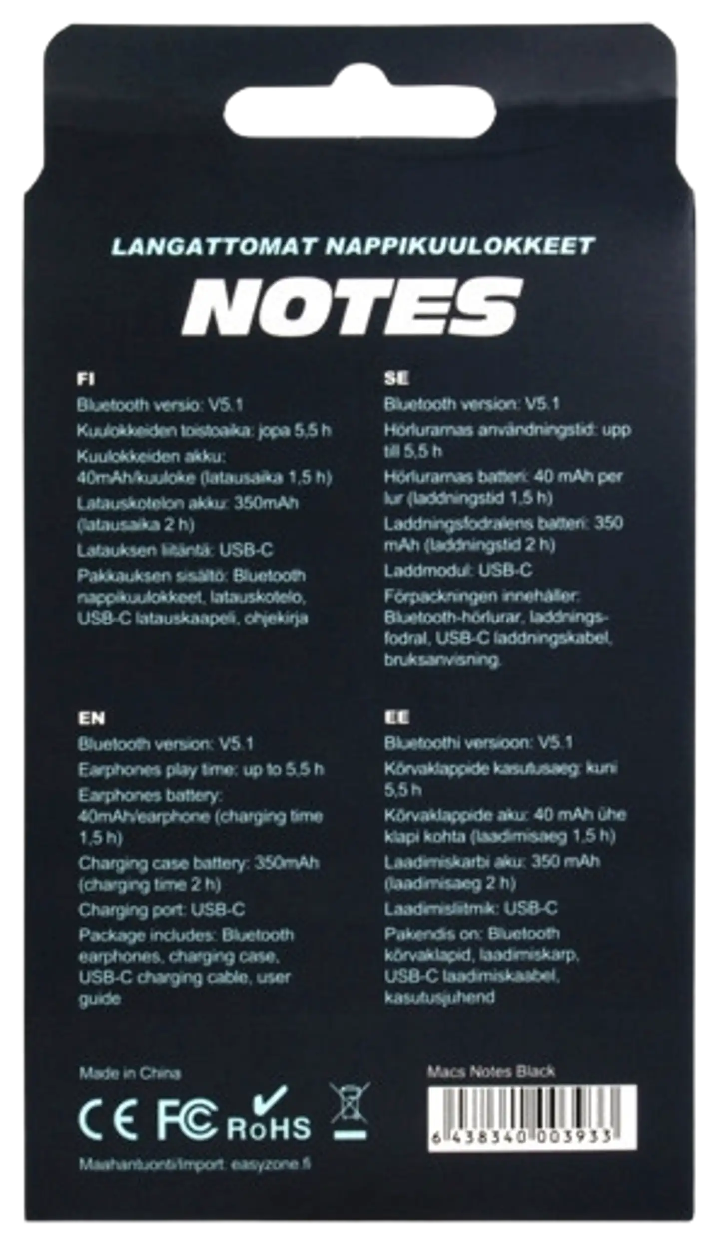 Macs Bluetooth nappikuulokkeet Notes musta - 5