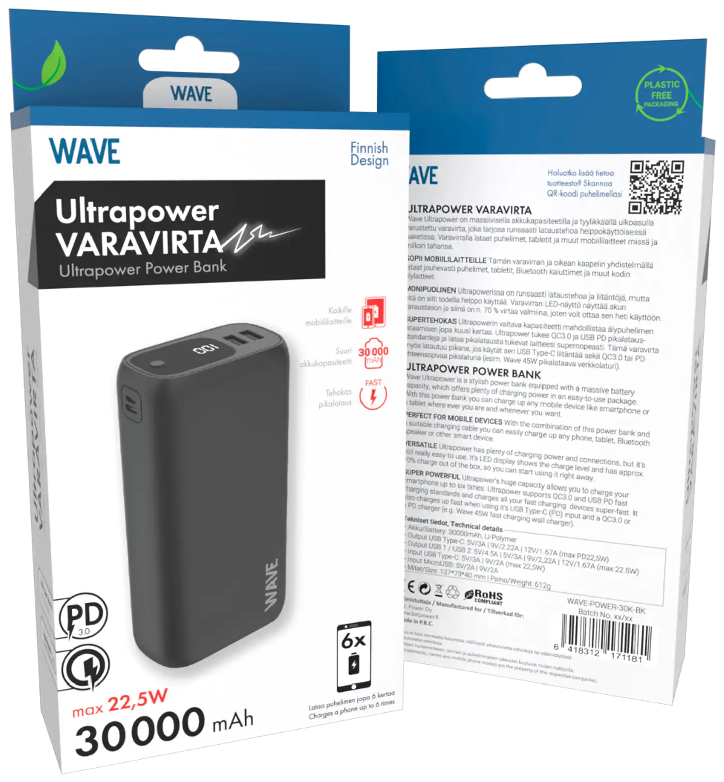 Wave Ultrapower lisävirta, 30000mAh, Musta - 4