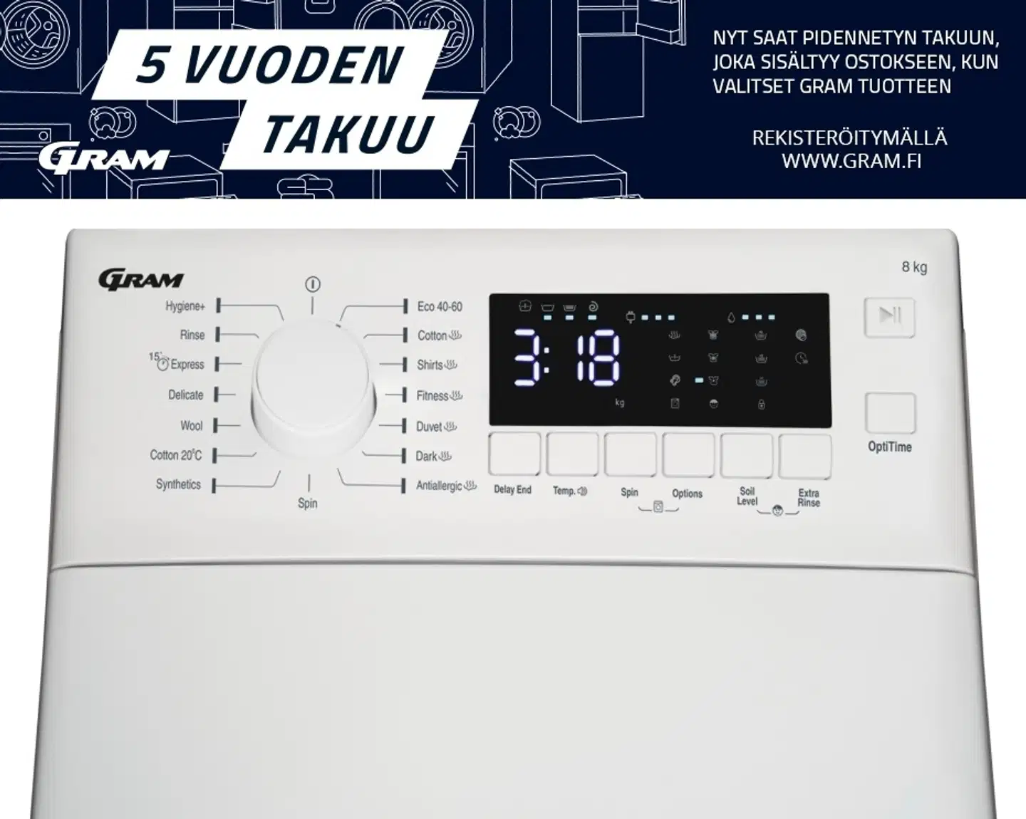 Gram päältä täytettävä pyykinpesukone WTL 21813-90 8kg valkoinen - 3