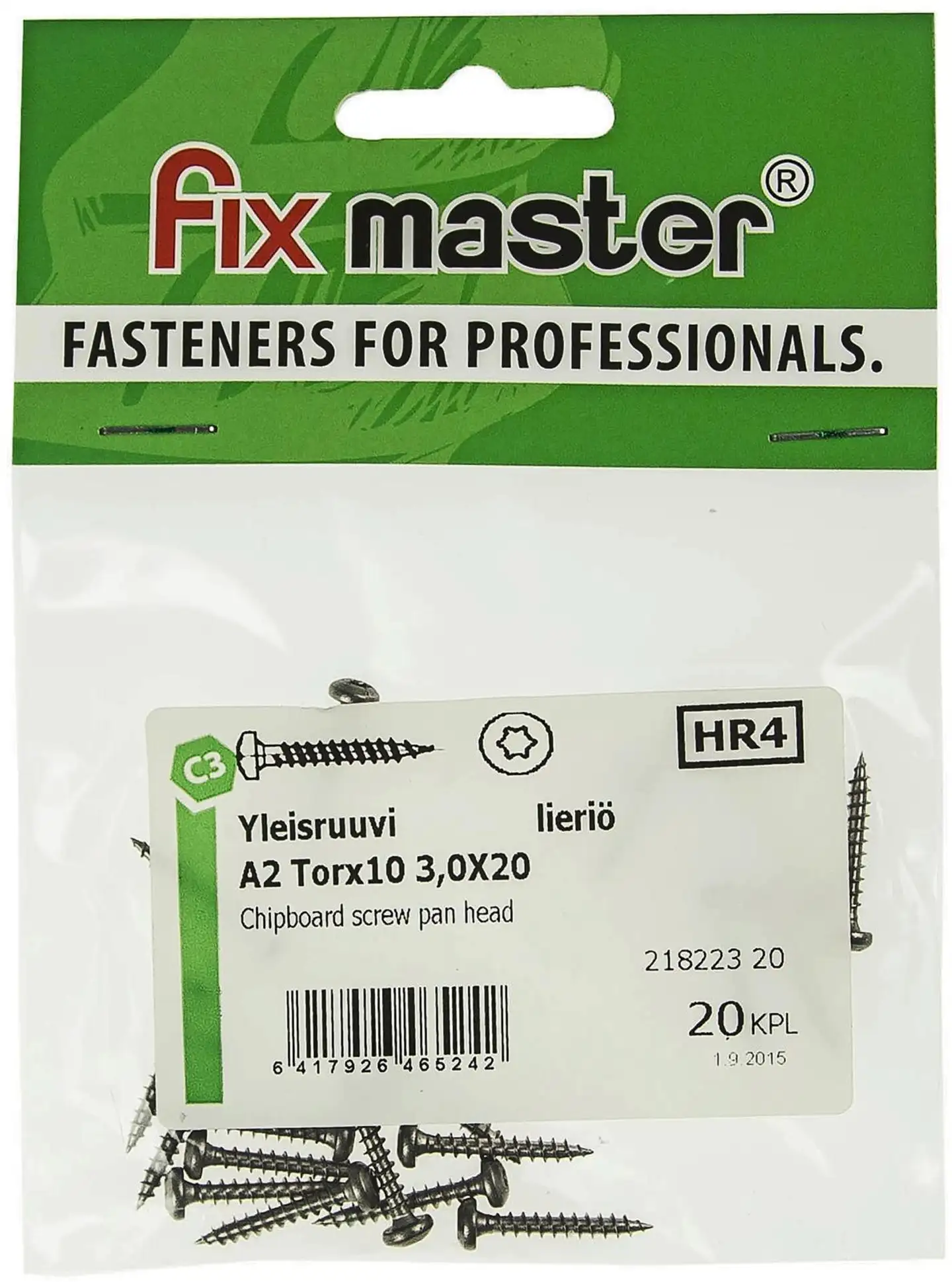 Fix Master yleisruuvi lieriökanta täyskierre A2 torx10 3,0X20 20kpl