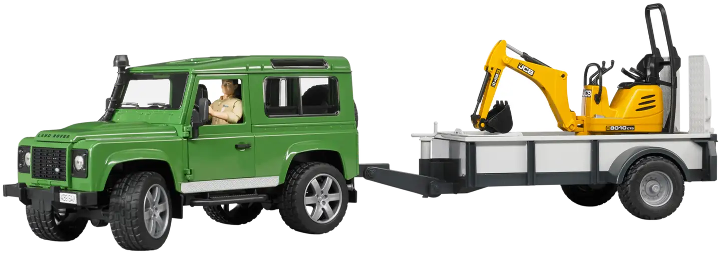 Bruder Land Rover Defender, traileri, JCB minikaivuri + työntekijä - 1