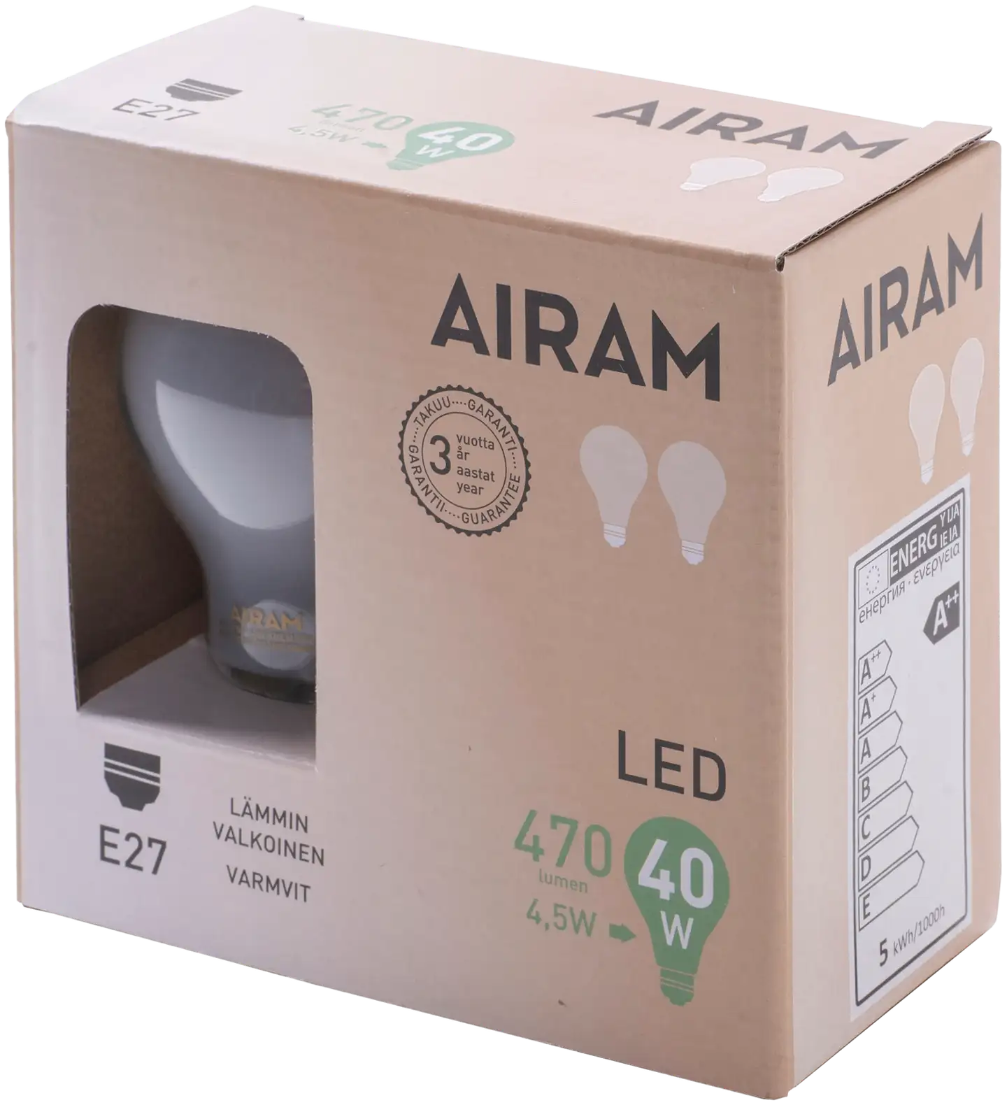 Airam Led himmeä 4,5W vakio E27 2700K 470lm 12 000h 2pack - 1