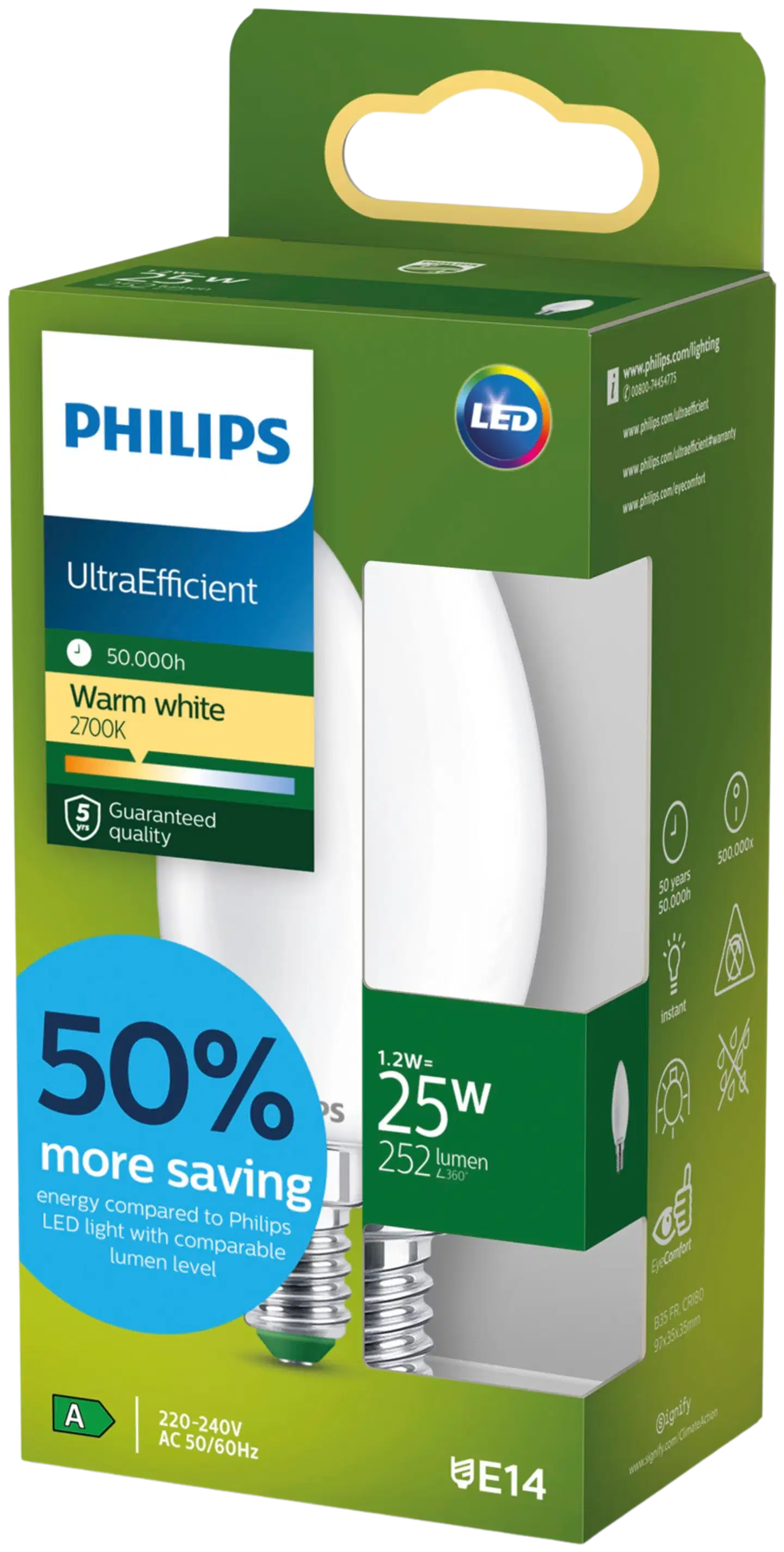 Philips Ultra Efficient LED-lamppu 1.2W B35 E14 2700K 252LM huurrettu - 2