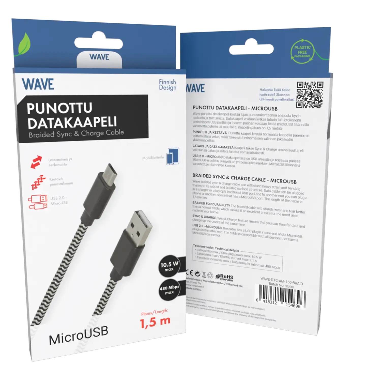 Wave Punottu datakaapeli, MicroUSB (480 Mbps), 1,5m, Mustavalkoinen - 1