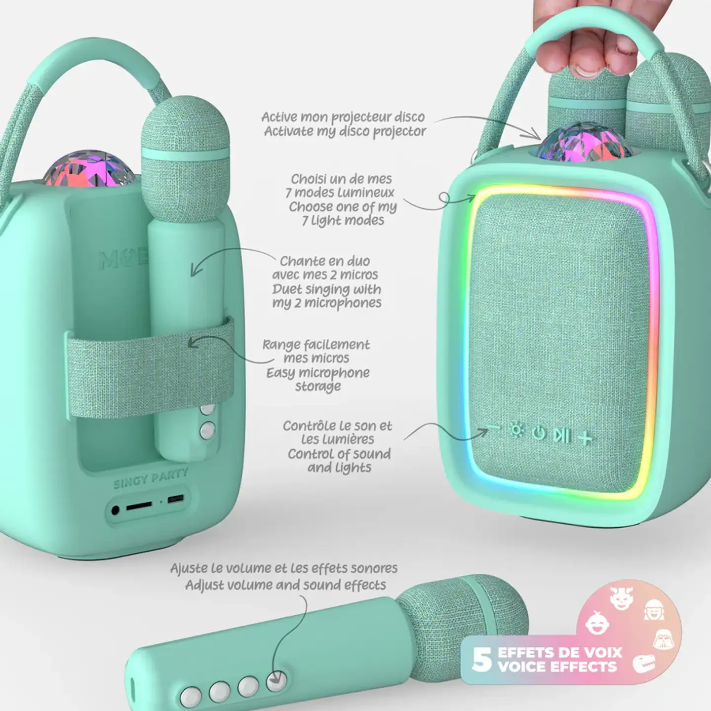 MOB karaokekaiutin ja kaksi langatonta mikrofonia Sing Party sinivihreä - 6