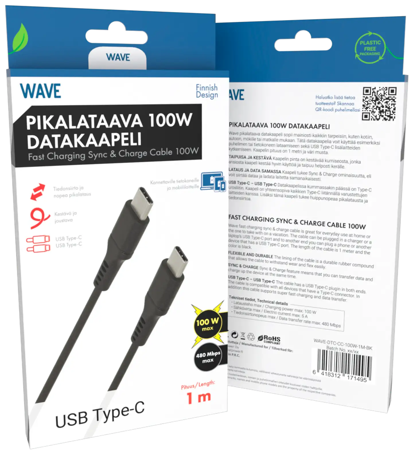 Wave 100W Datakaapeli, USB Type-C -> USB Type-C (480 Mbps), 1m, Musta - 1