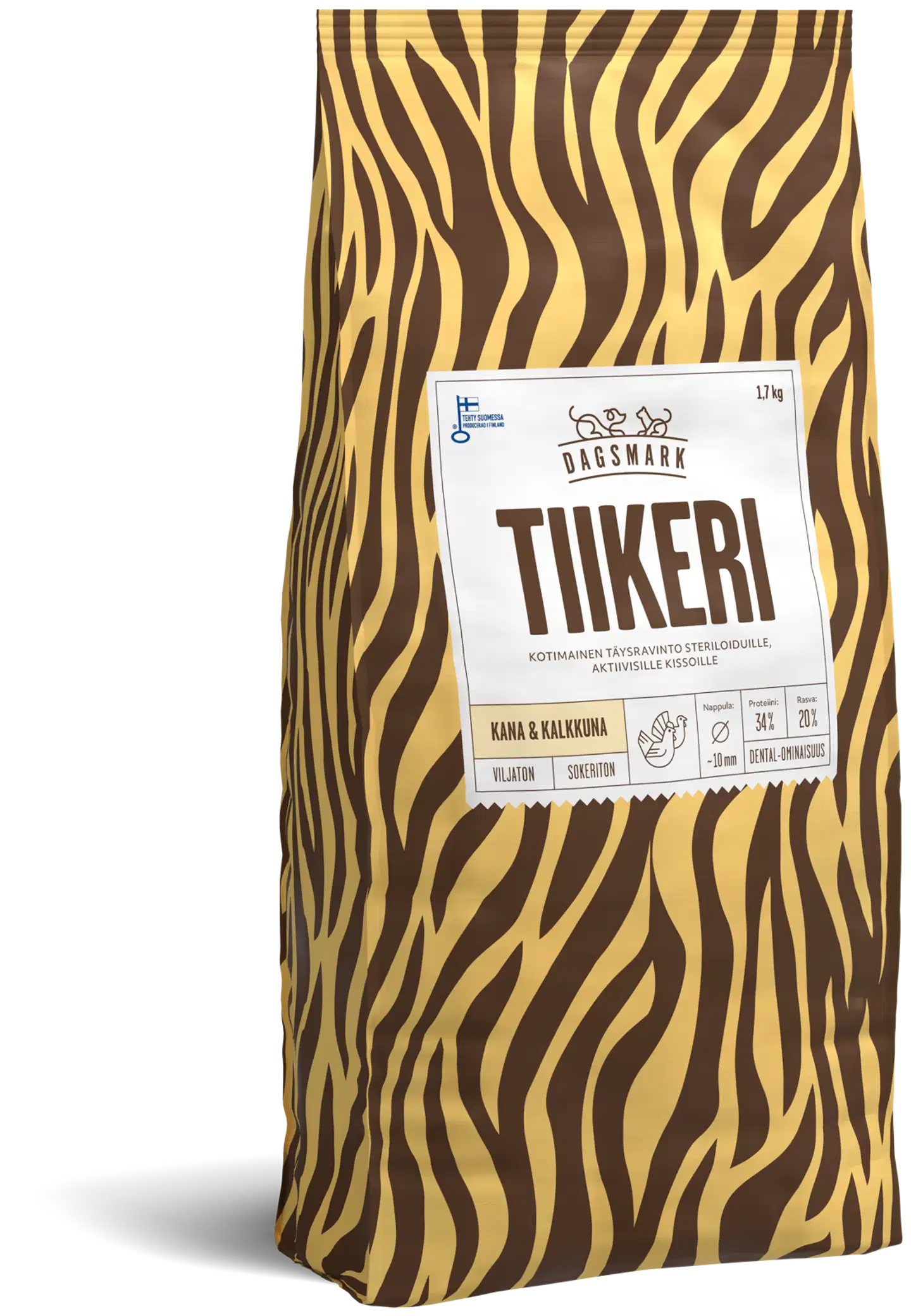 Dagsmark TIIKERI kana-kalkkuna viljaton täysravinto kissan kuivaruoka steriloiduille aktiivisille kissoille 1,7 kg