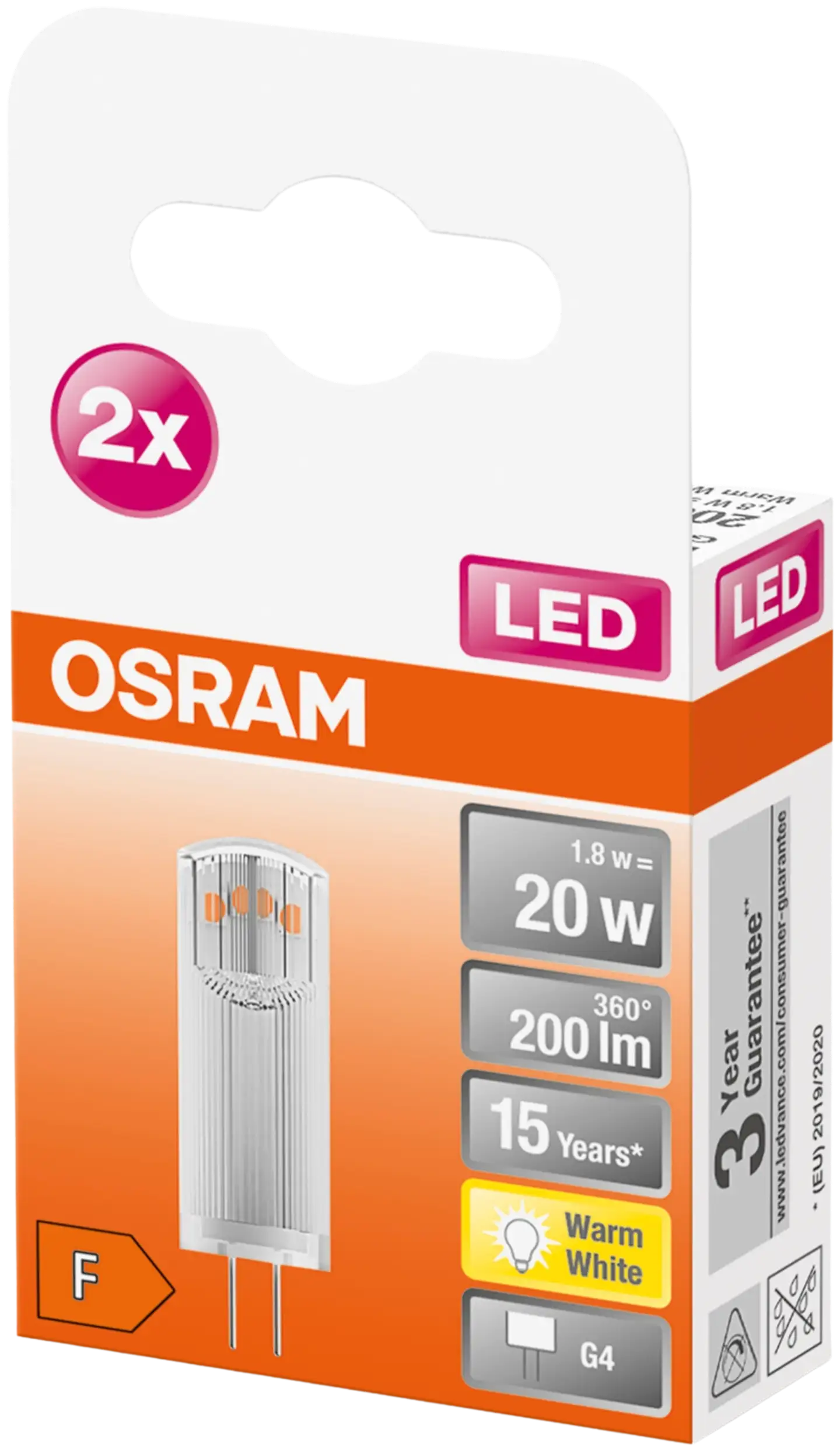 Osram LED PIN 1,8W/2700K 12V G4 ei-himmennettävä kirkaskupuinen LED-pienoislamppu 2kpl/pkt - 3