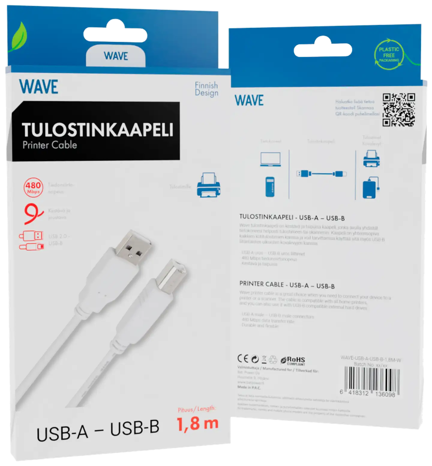 Wave USB2.0 (USB-A uros - USB-B uros) tulostinkaapeli, 1,8m, Valkoinen - 2