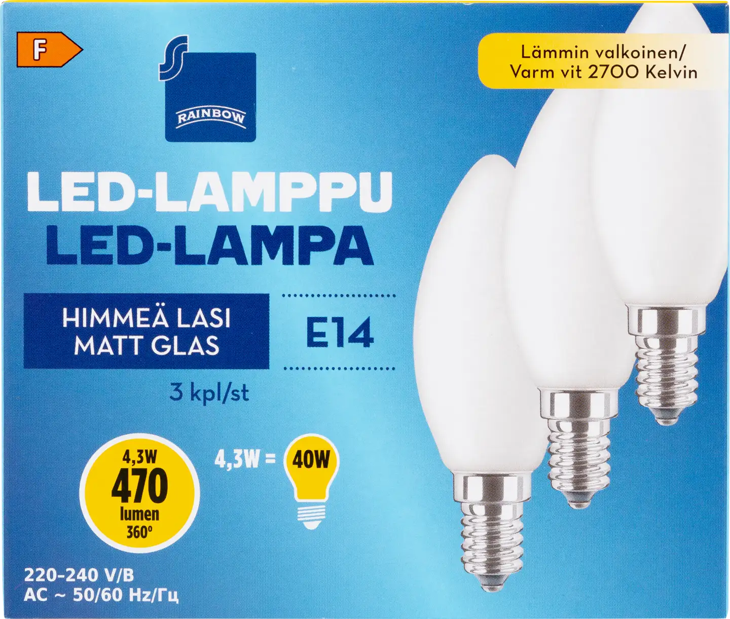 Rainbow LED-kynttilälamppu 4,3W E14 2700K 470lm himmeä lasi 3kpl - 1