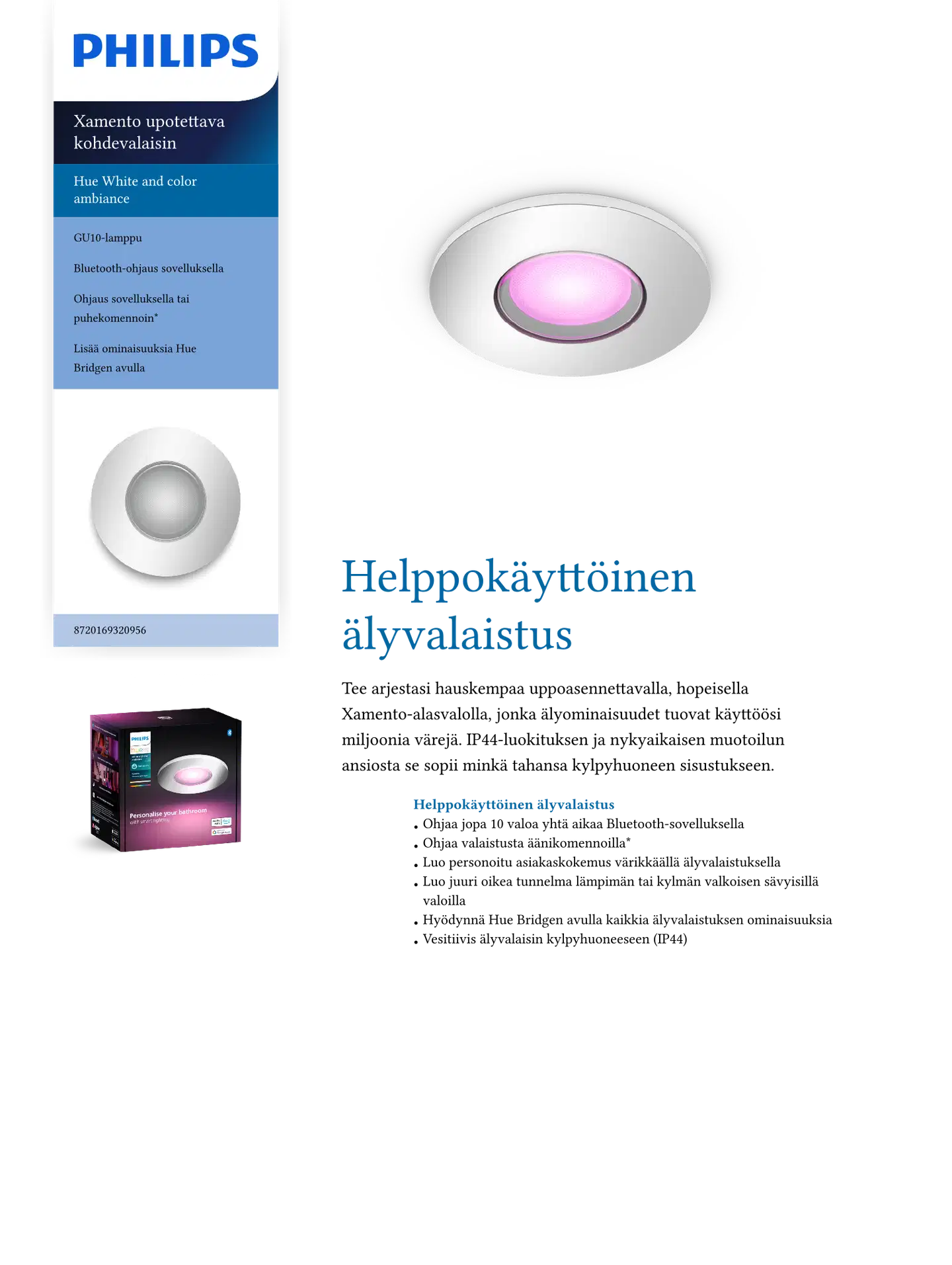 Philips Hue Xamento -upotettu alasvalo kylpyhuoneeseen 4.2W 2000-6500K 400LM chrome - 2