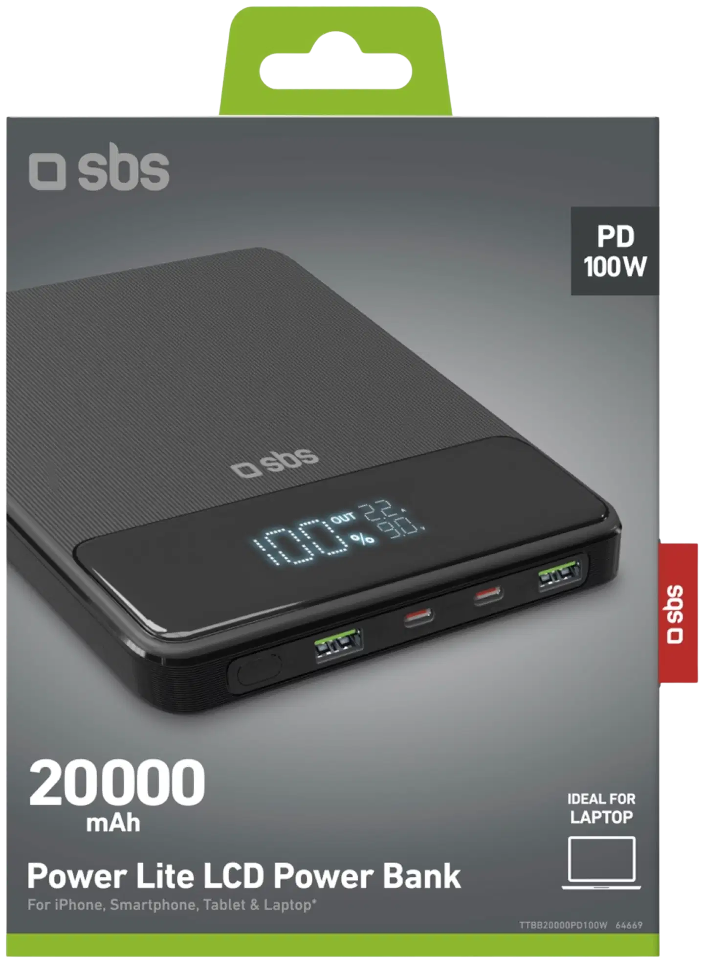SBS varavirtalähde ohut 2 Usb-A + 2 Usb-C + Lcd 20000 Mah