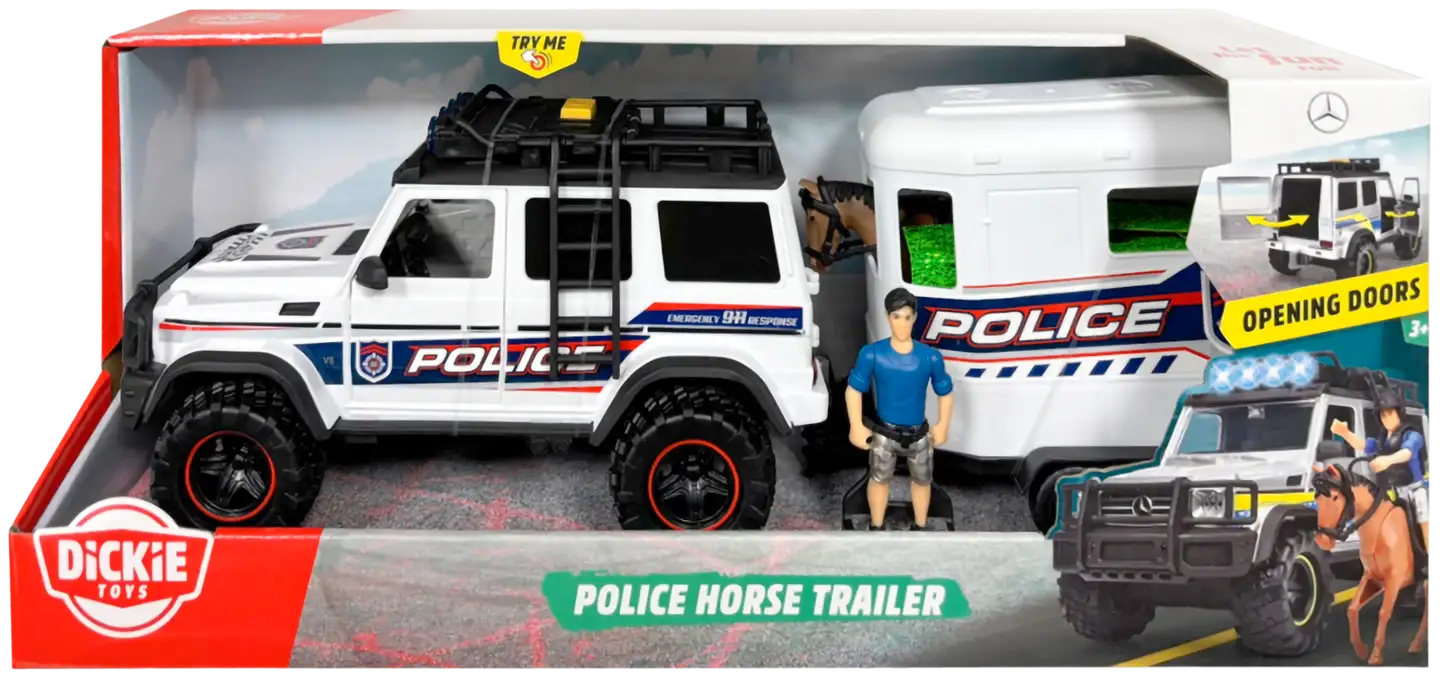 Dickie Toys Poliisiauto ja hevostraileri -leikkisetti, valo- ja äänitoiminnoin