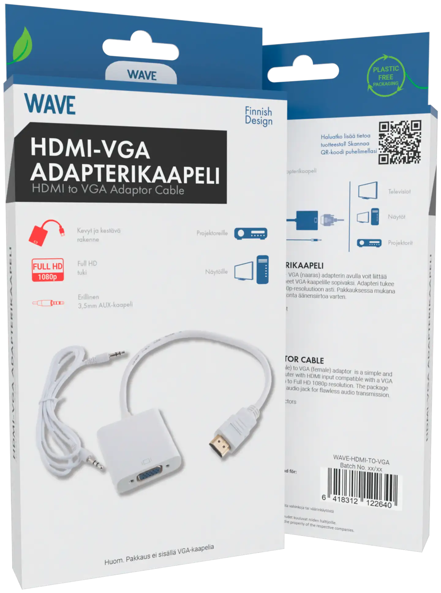 Wave Adapterikaapeli, HDMI uros - VGA naaras, 25cm, Valkoinen - 2