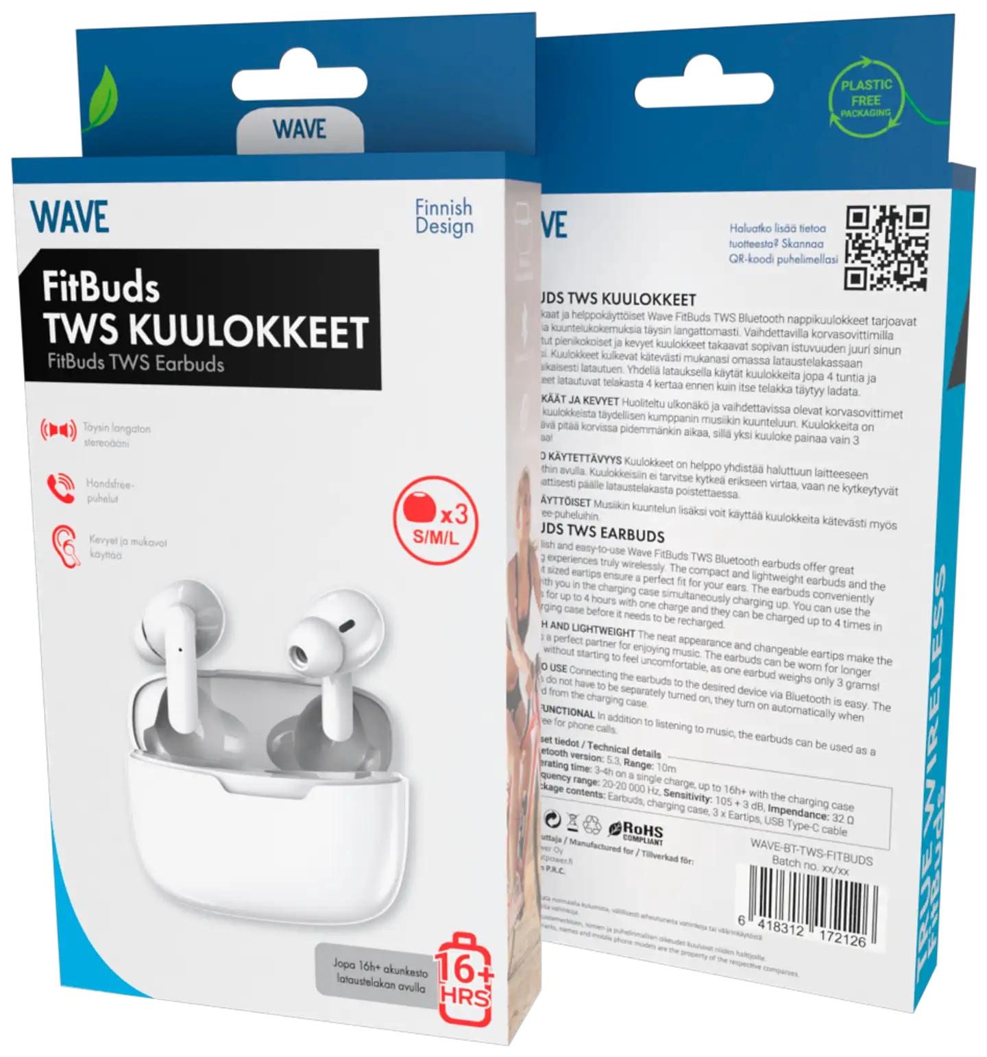 Wave FitBuds TWS Bluetooth nappikuulokkeet, valkoinen - 2