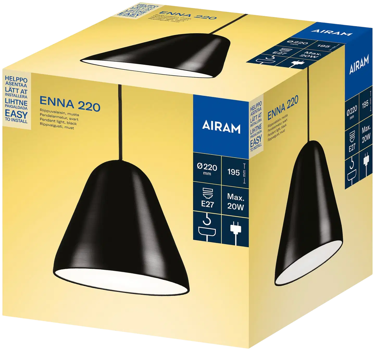 Airam Enna 220 riippuvalaisin E27 musta - 2
