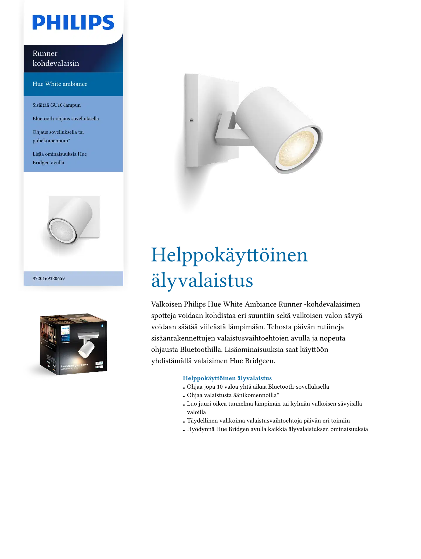 Philips Hue Runner -lisäkohdevalaisin 4.2W 2200-6500K 400LM valkoinen - 2