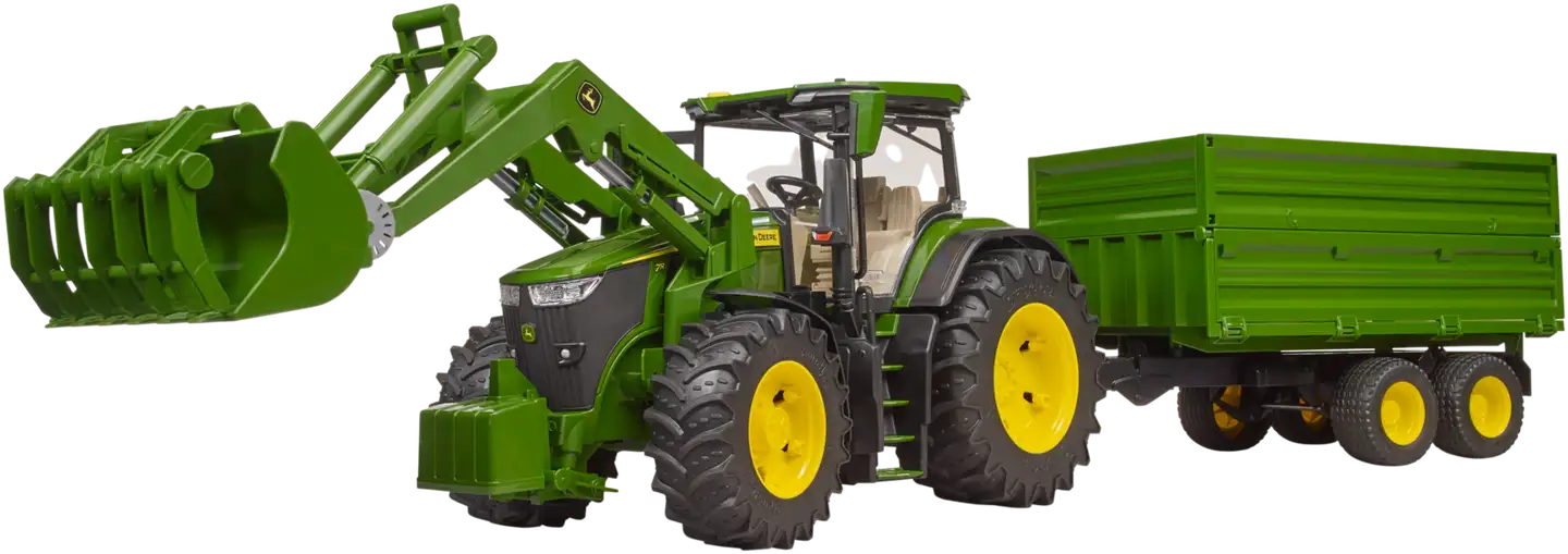 Bruder John Deere 7R 350 traktori etukuormaajalla ja perävaunulla - 3