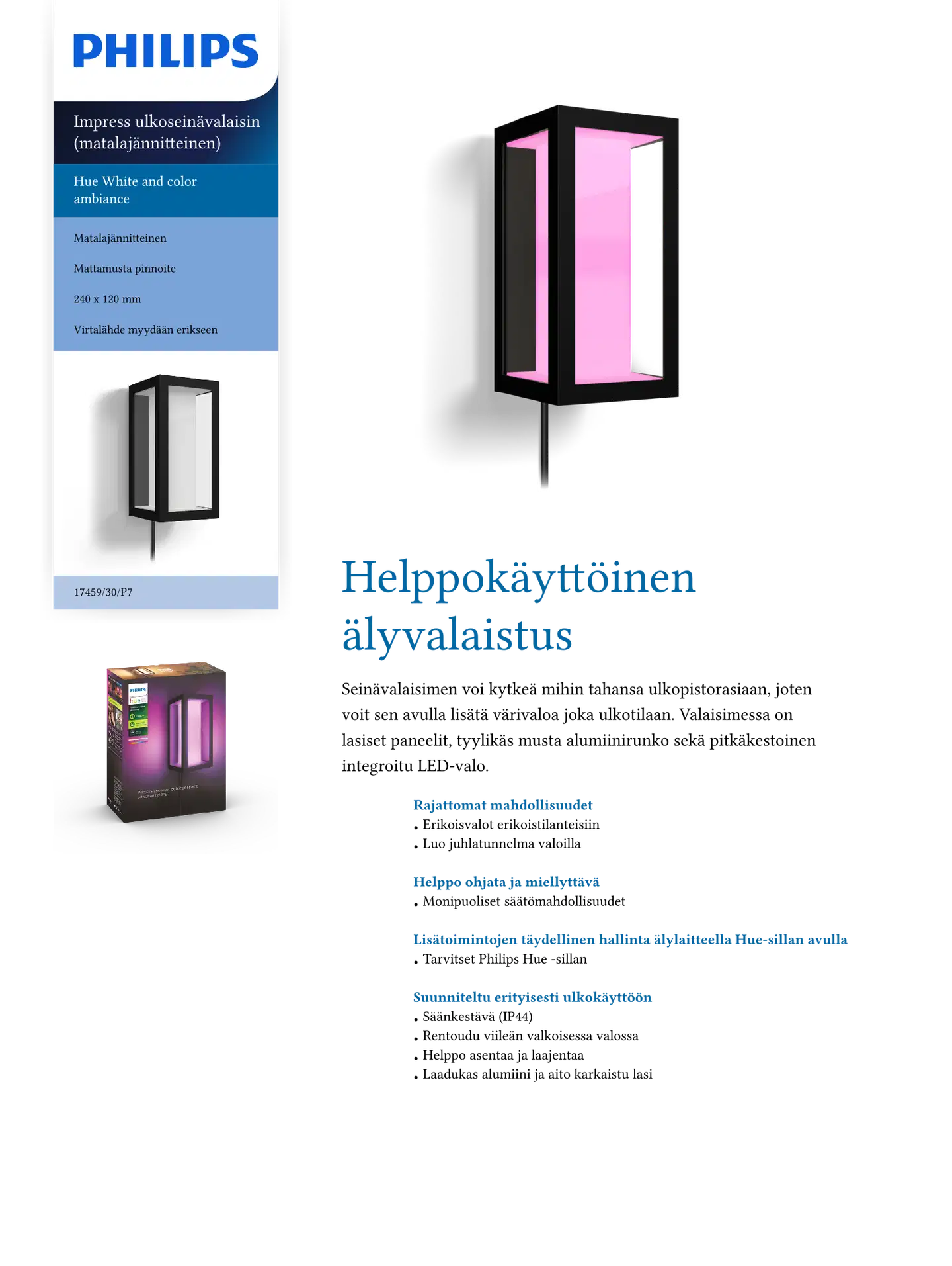 Philips Hue Impress -seinävalaisin ulkokäyttöön 16W 2000-6500K 1180LM säädettävä - 2
