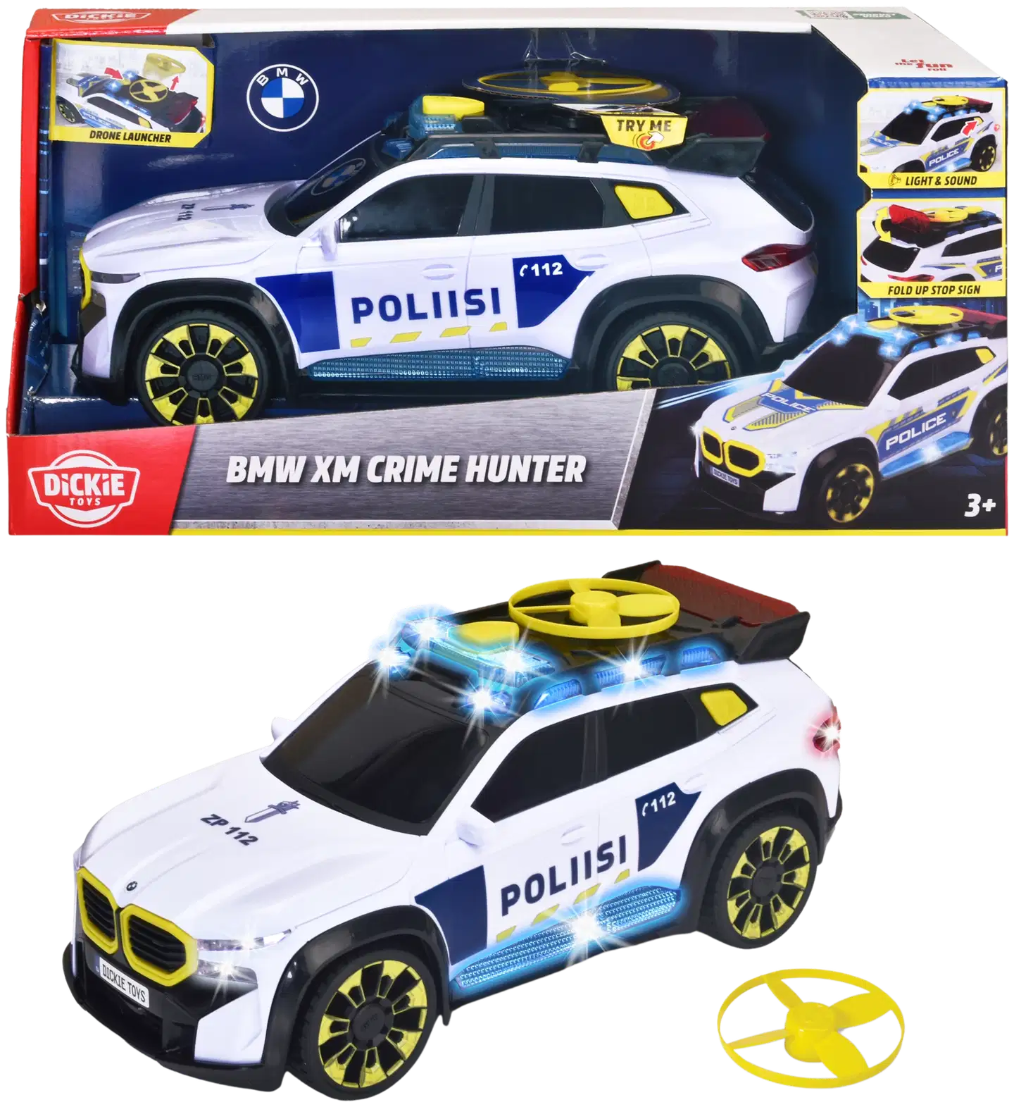 Dickie Toys - BMW XM Crime Hunter, 30 cm, 1:16, suomalainen poliisiauto valo- ja äänitehostein