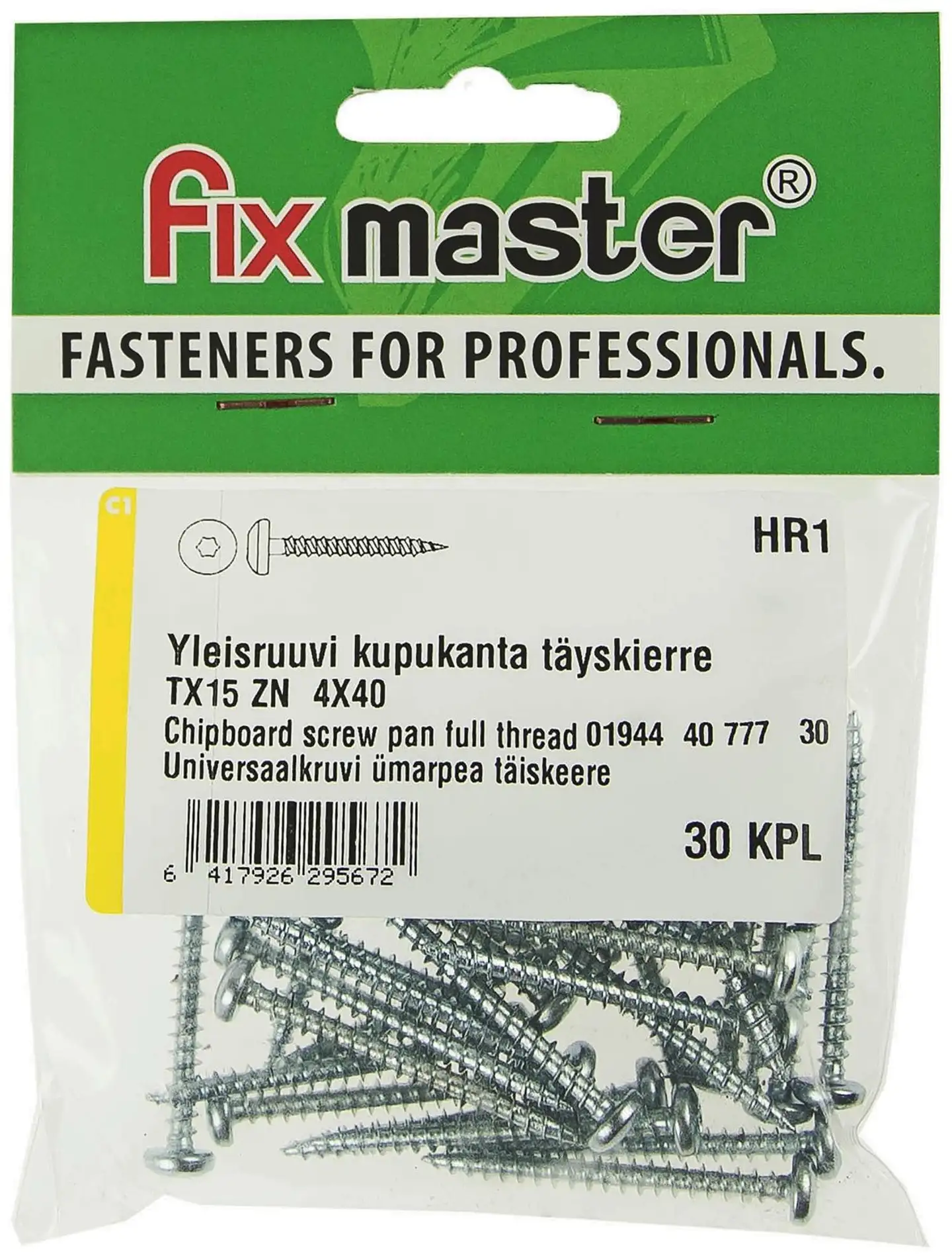 Fix Master yleisruuvi kupukanta täyskierre 4X40 torx15 sinkitty 30kpl