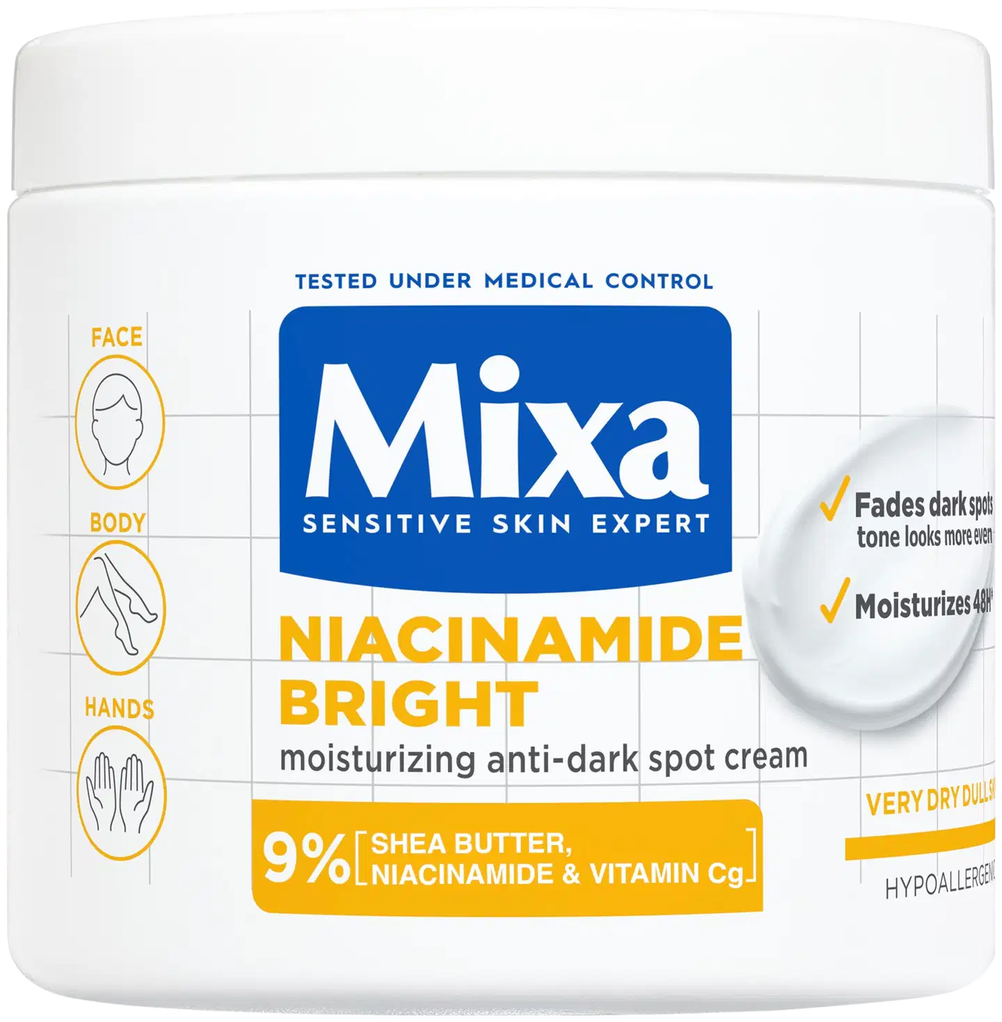 Mixa Niacinamide Bright Ravitseva voide tummia läiskiä vastaan, erittäin kuivalle iholle 400ml - 1