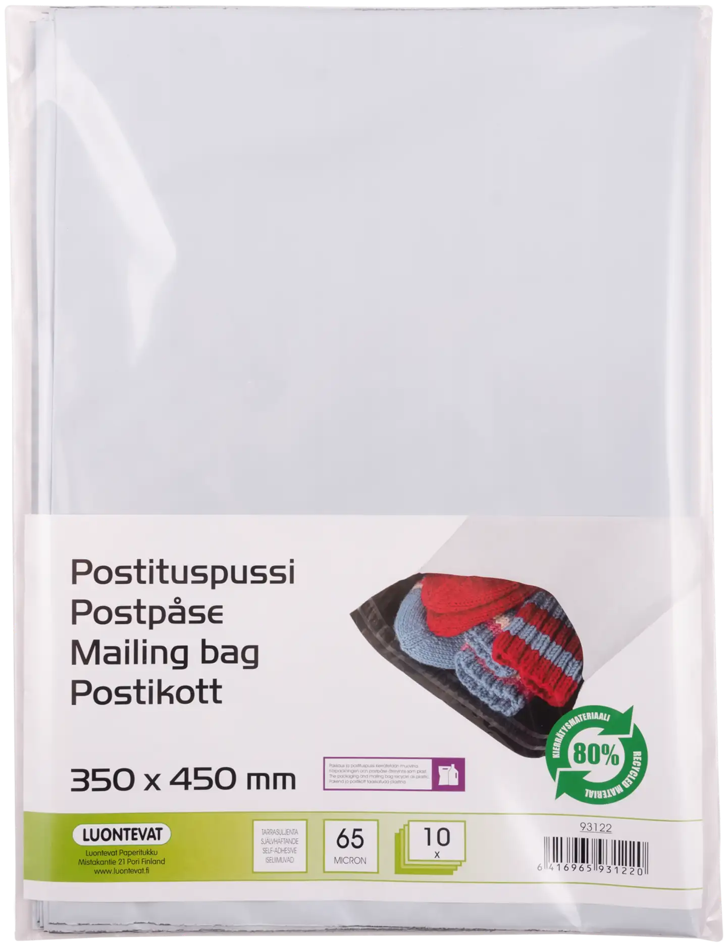 Luontevat postituspussi 350x450 mm valkoinen tarrasuljenta 10 kpl - 1