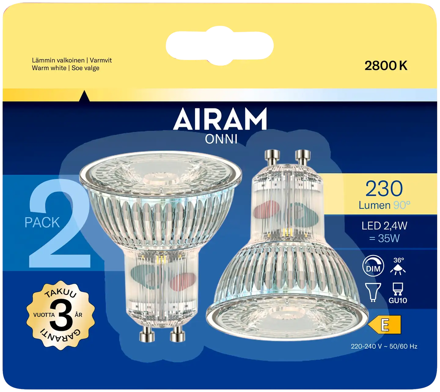 Airam Led kohde PAR16 Fullglass 2.4W GU10 36D 270lm/500cd 2800K himmennettävä, 2/blister - 2