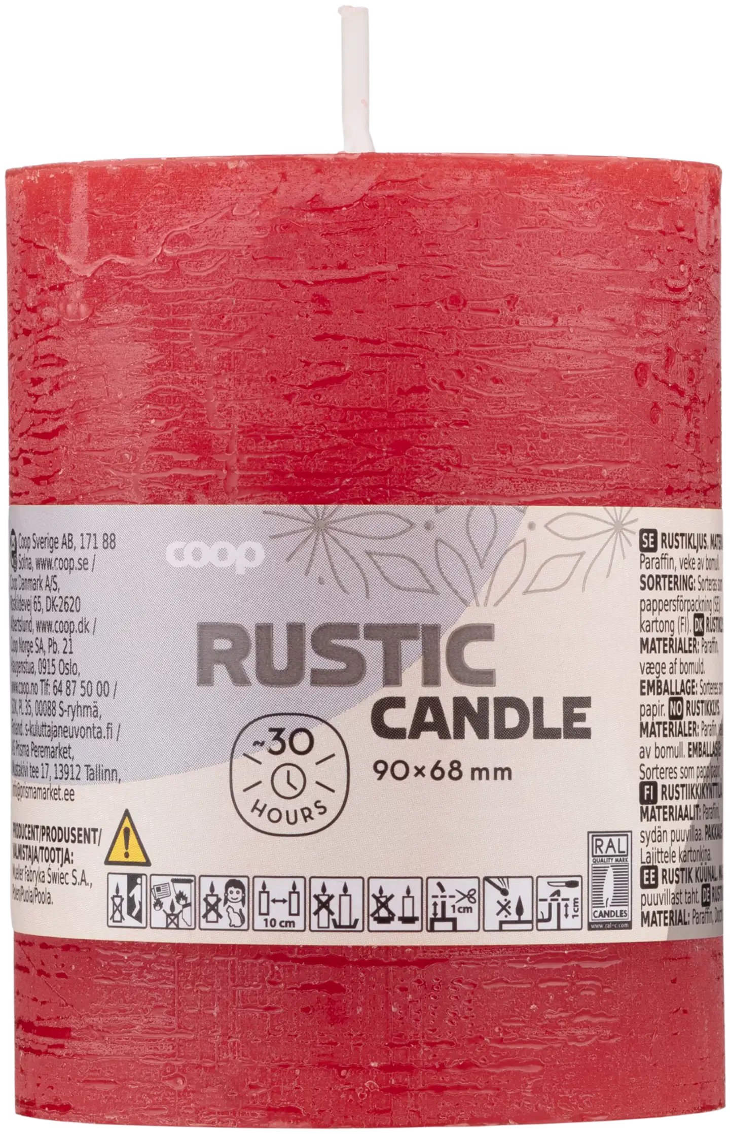 Coop rustiikkikynttilä punainen 6,8x9cm 30 h