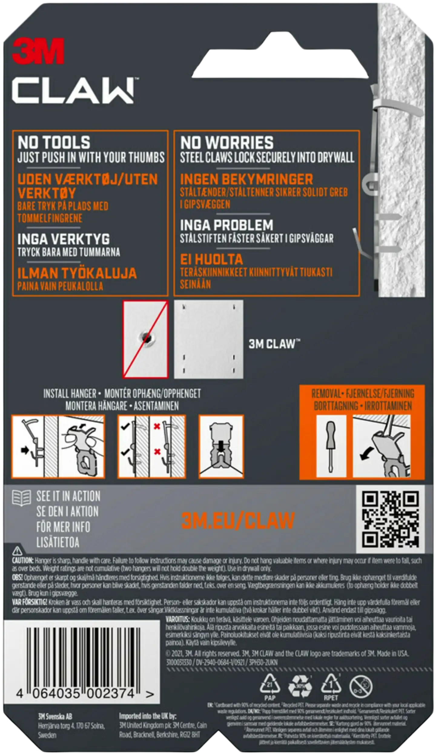 3M CLAW™-taulukoukku kipsilevylle, 30 kg 3PH30-2UKN, 2 ripustuskoukkua - 11