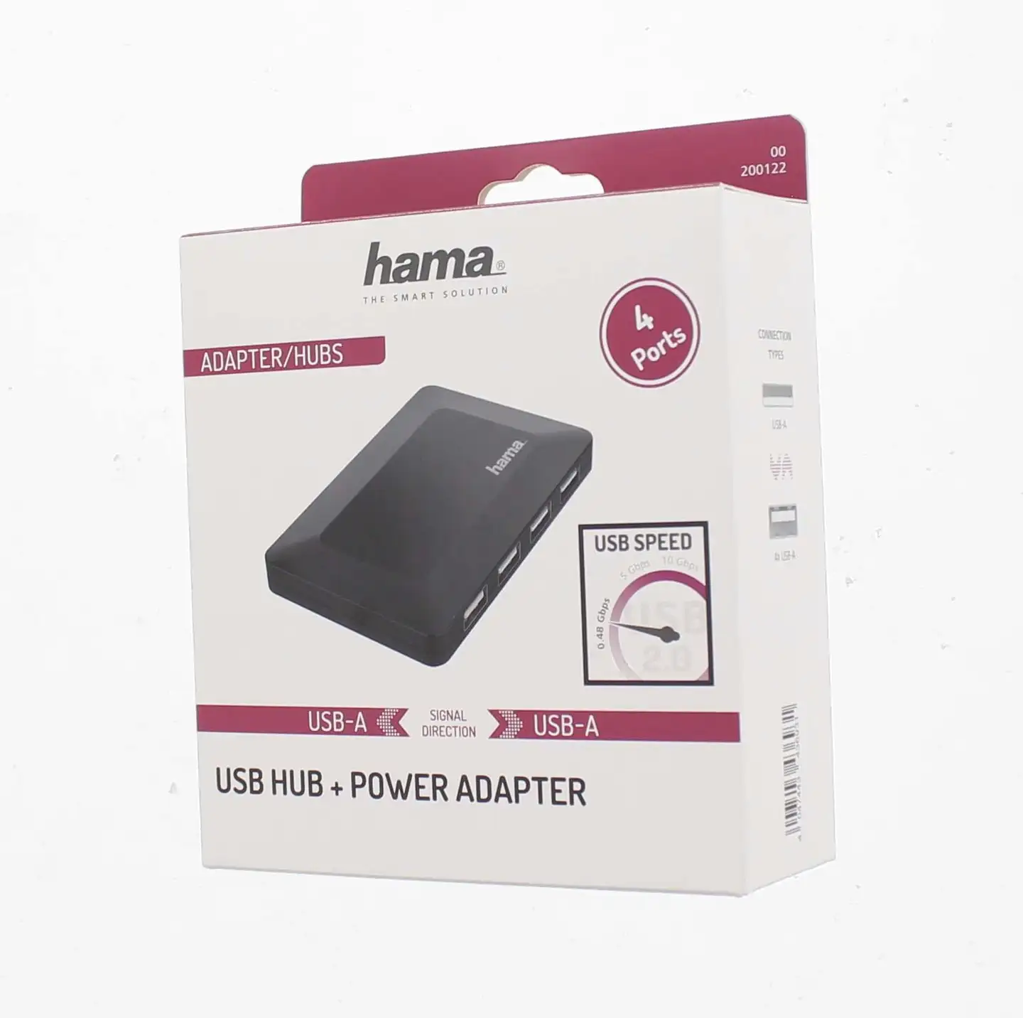 Hama USB-hubi, 4-porttinen, USB-A uros, 4 x USB-A, USB 2.0, 480 Mbit/s, virtalähteellä - 3