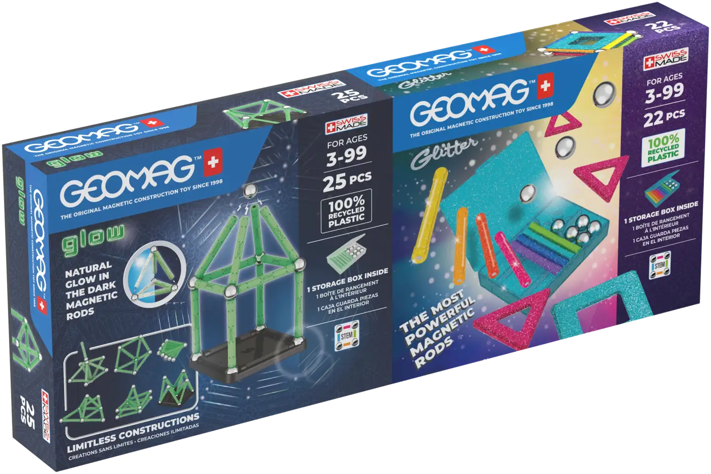 Geomag Glow & Glitter Tuplapakkaus  -magneettirakennussetti 47 osaa