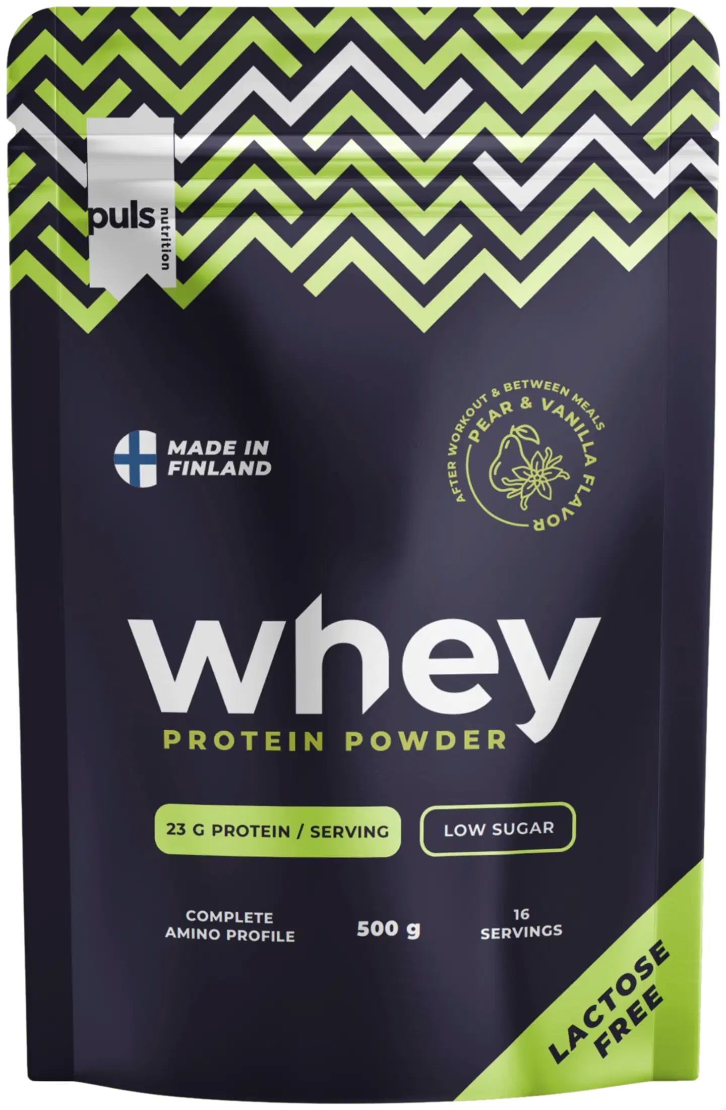 PULS Nutrition WHEY proteiinijauhe Päärynä-vanilja 500g laktoositon kotimainen