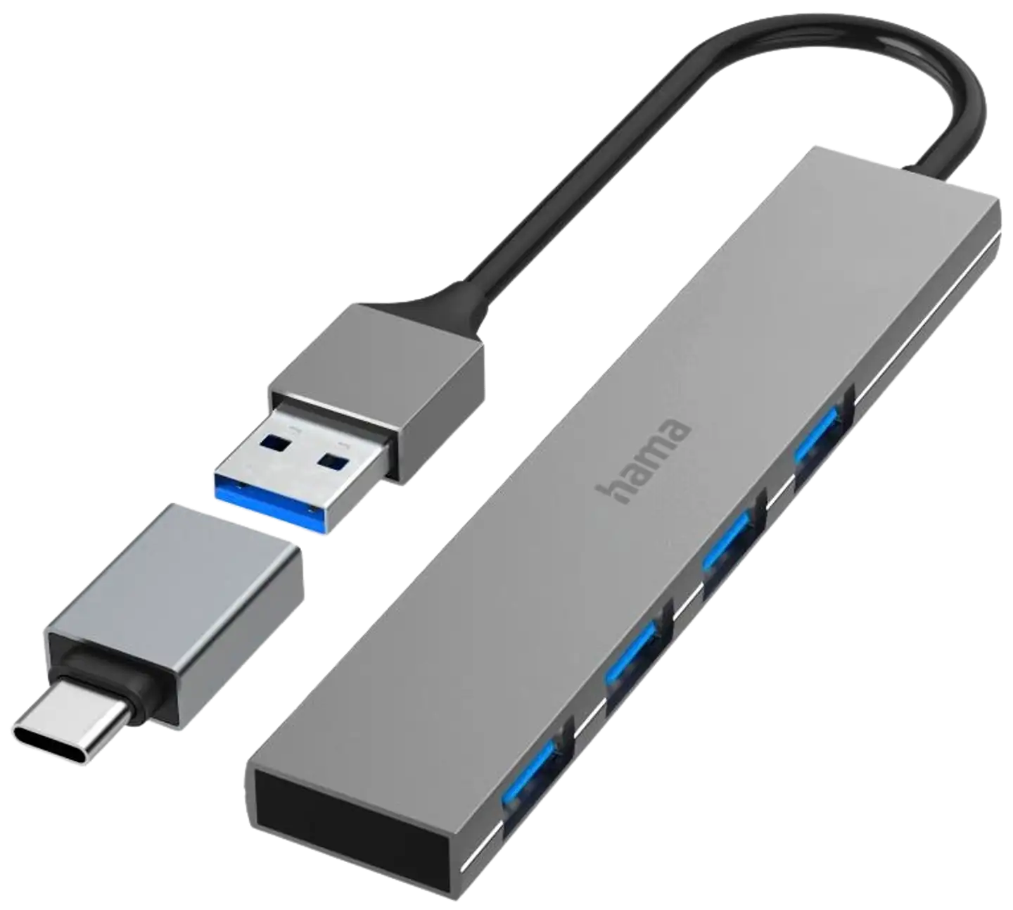 Hama USB-hubi, 4-porttinen, USB-A uros, USB-C adapteri, 4 x USB-A, USB 3.2 Gen 1, 5 Gbit/s, Ultra-slim, 0,15 m - 1