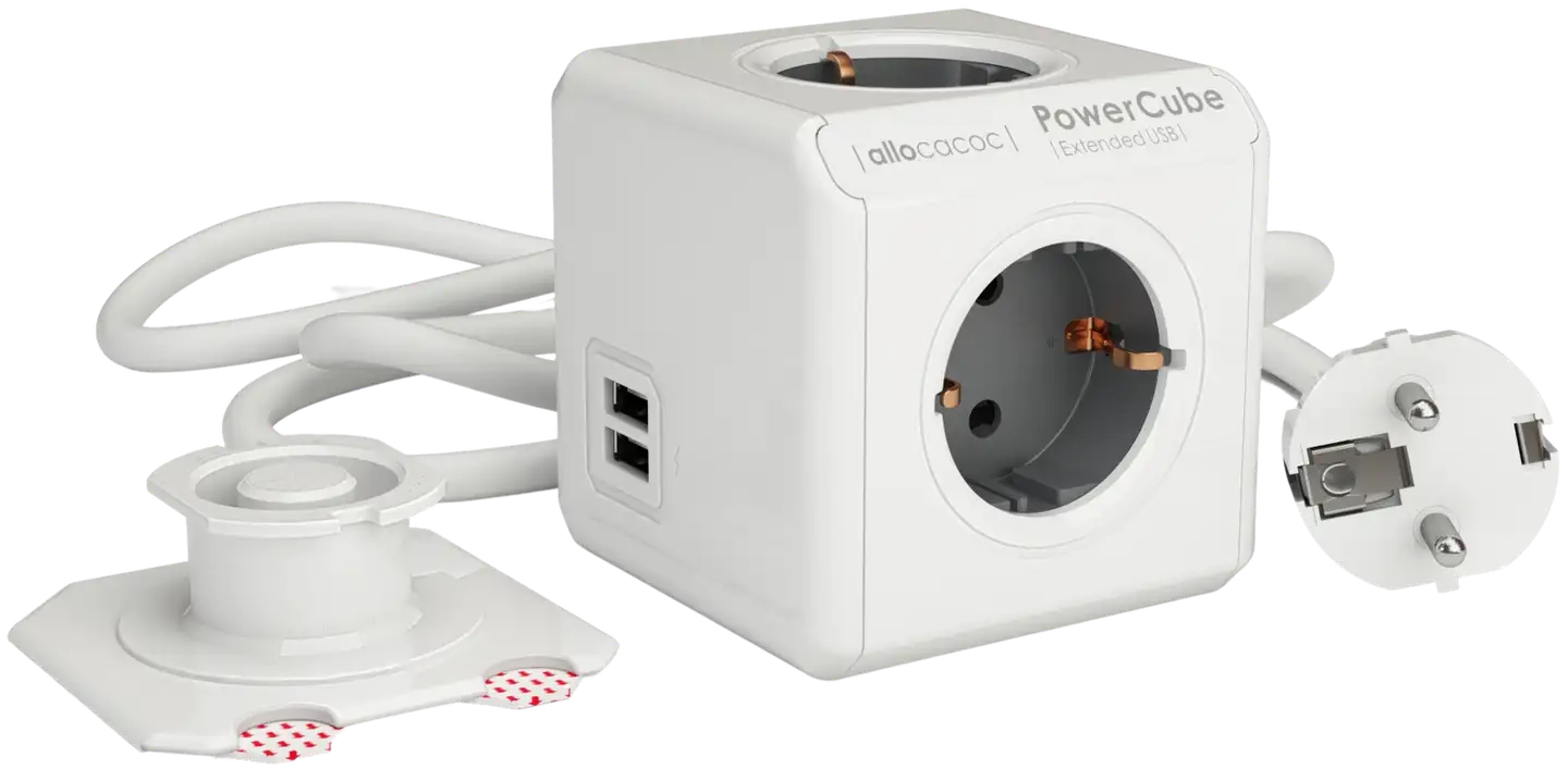 Allocacoc jatkojohto powercube 4-os 1.5m schuko+2-USB+kiinnike - 1