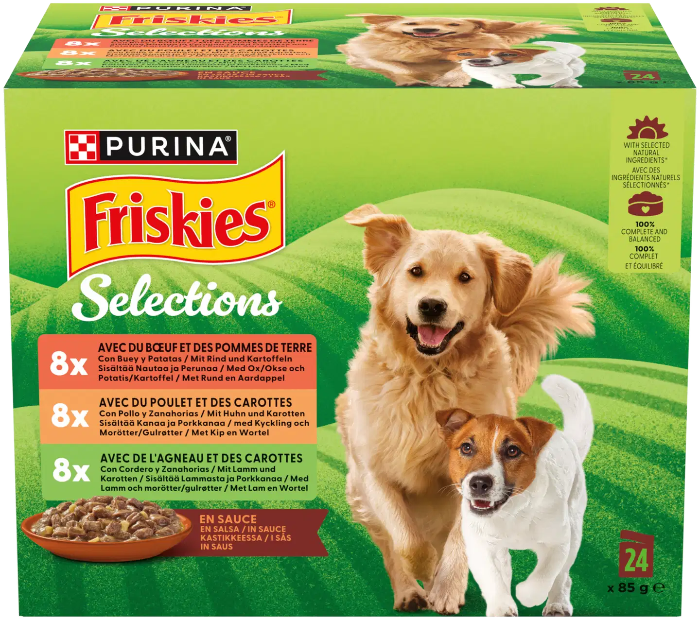 Purina Friskies Adult Kanaa, Nautaa ja Lammasta Kastikkeessa Koiran märkäruoka 24x85g
