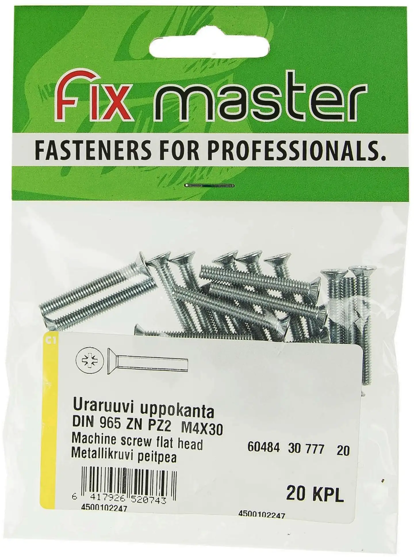 Fix Master uraruuvi uppokanta PZ2 M4X30 sinkitty 20kpl