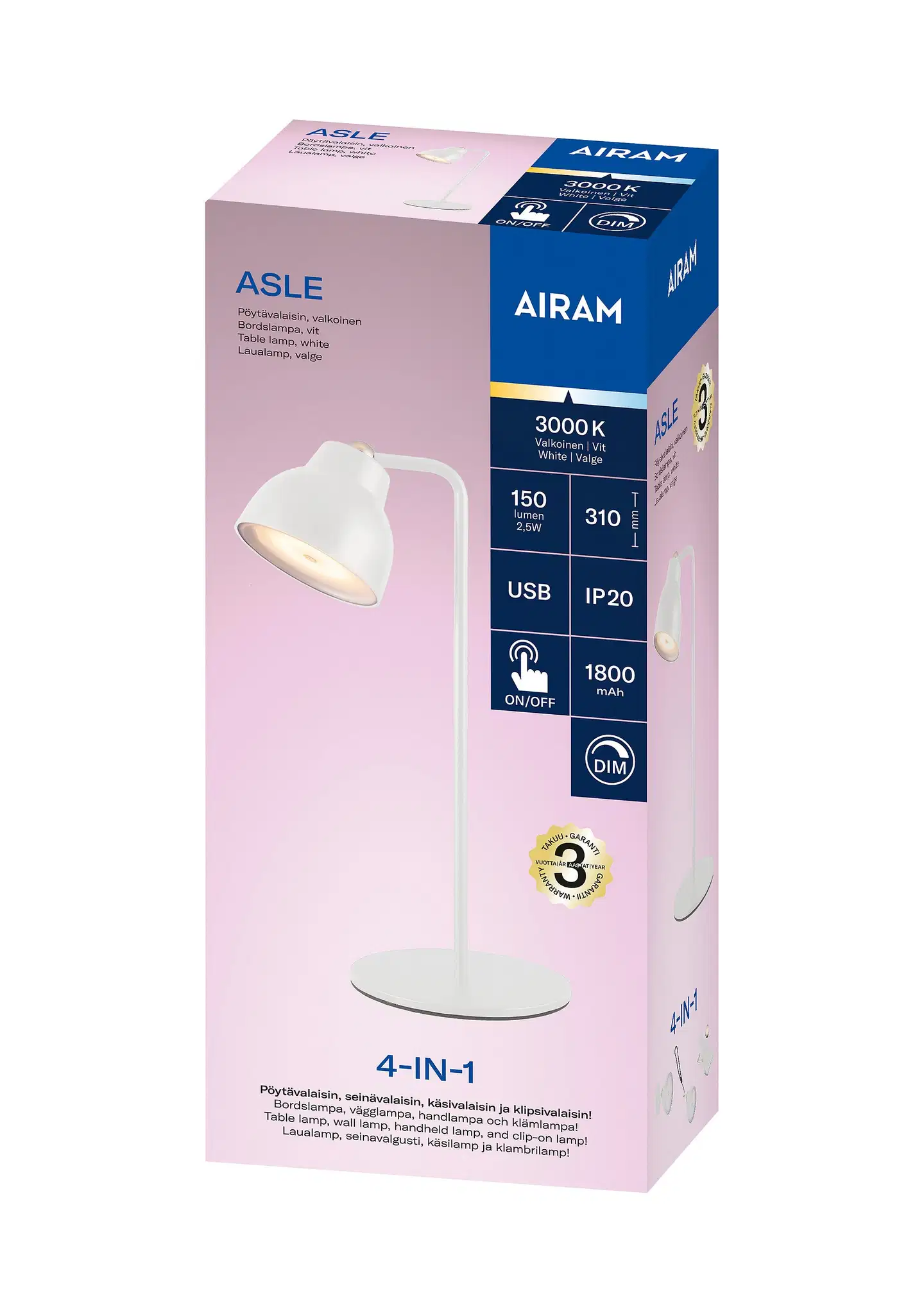 Airam Asle 4-IN-1 pöytävalaisin 150lm USB-C valkoinen - 2