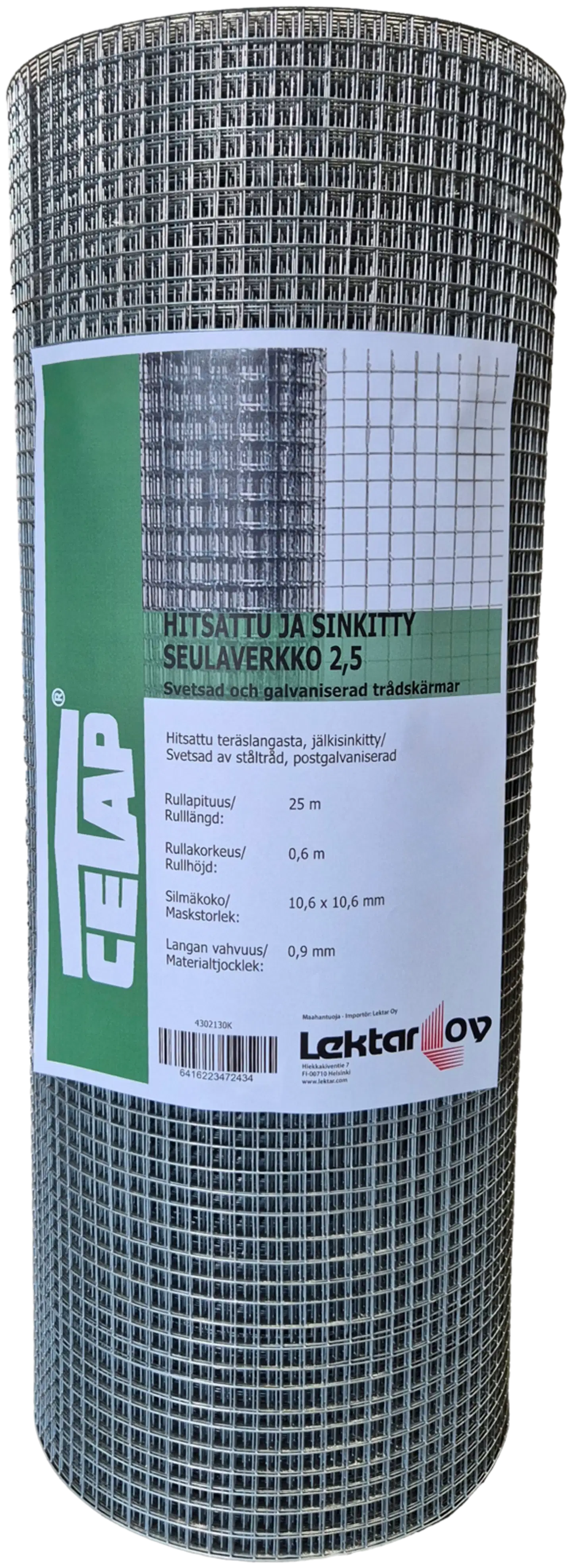 Cetap Seulaverkko hitsattu 2,5 silmä 10,6mm, 0,90mm, 0,6x25m
